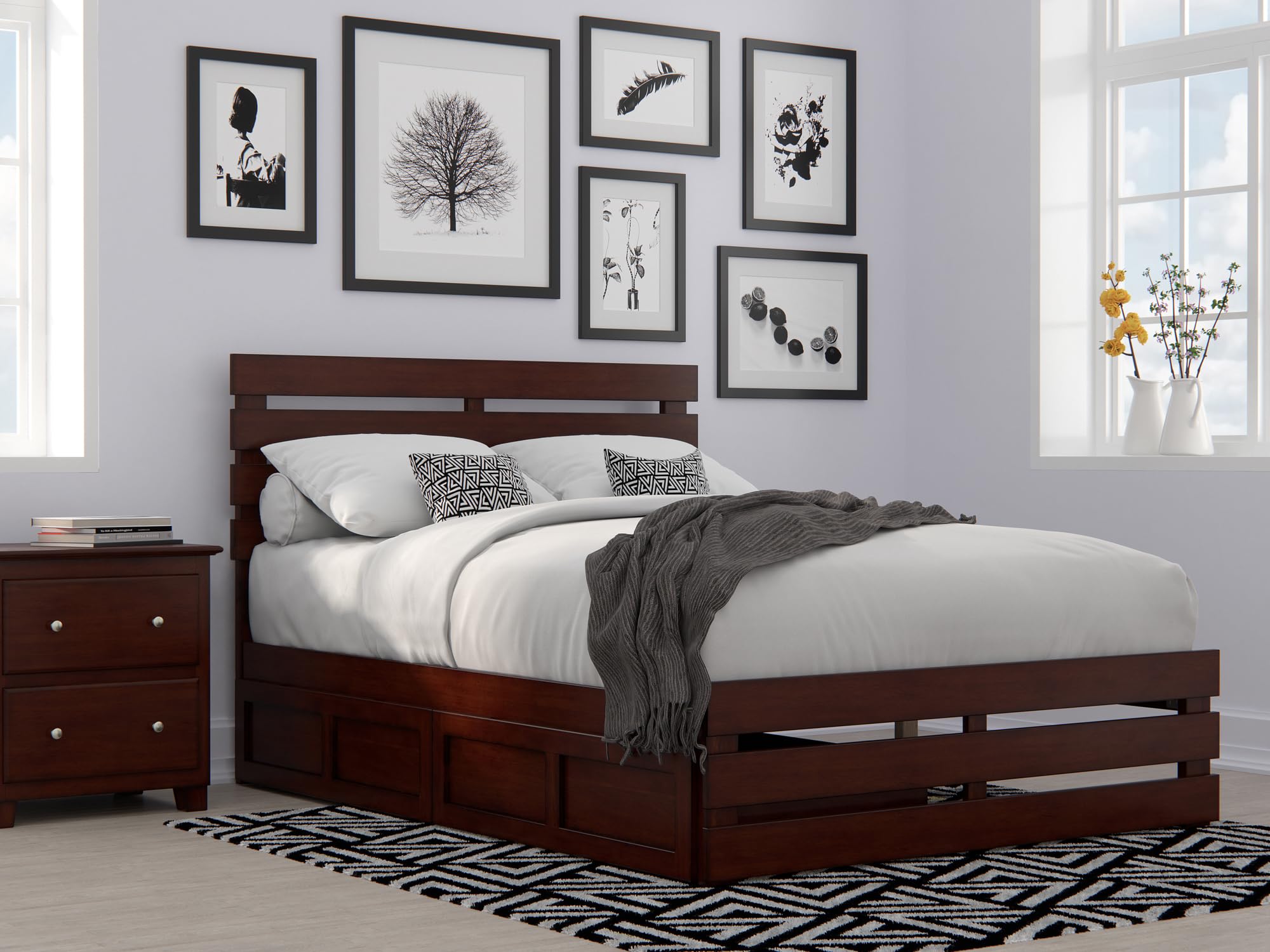 AFI, Oxford Full Platform Bed with Matching Footboard & Set of 2 Under-Bed Storage Drawers, Walnut