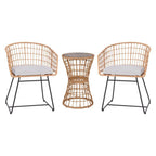 Flash Furniture Natural Finish Rattan Rope Chairs Side Table with Acacia Wood Top-Seat Cushions-All-Weather, 3 Pack, Light Gray