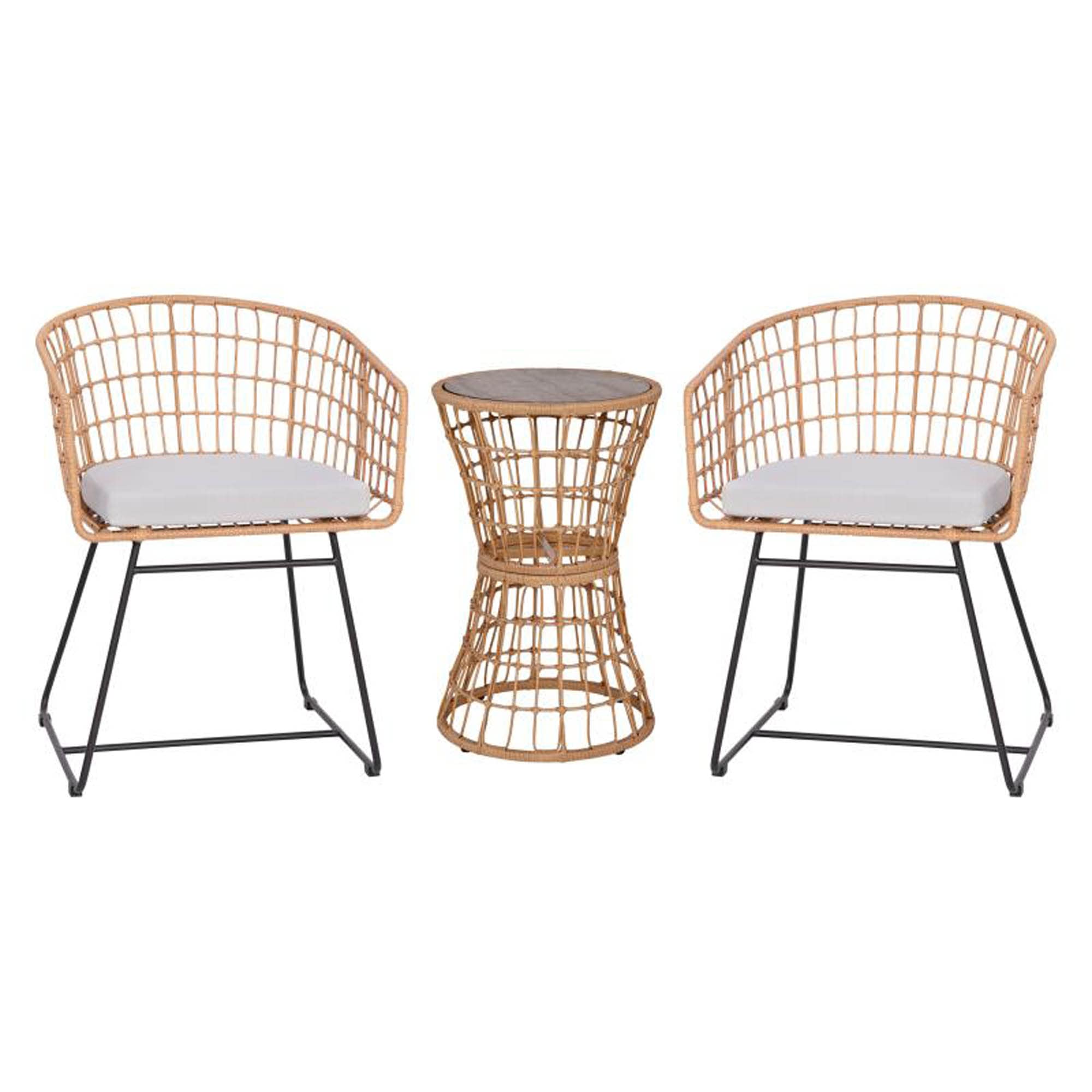 Flash Furniture Natural Finish Rattan Rope Chairs Side Table with Acacia Wood Top-Seat Cushions-All-Weather, 3 Pack, Light Gray