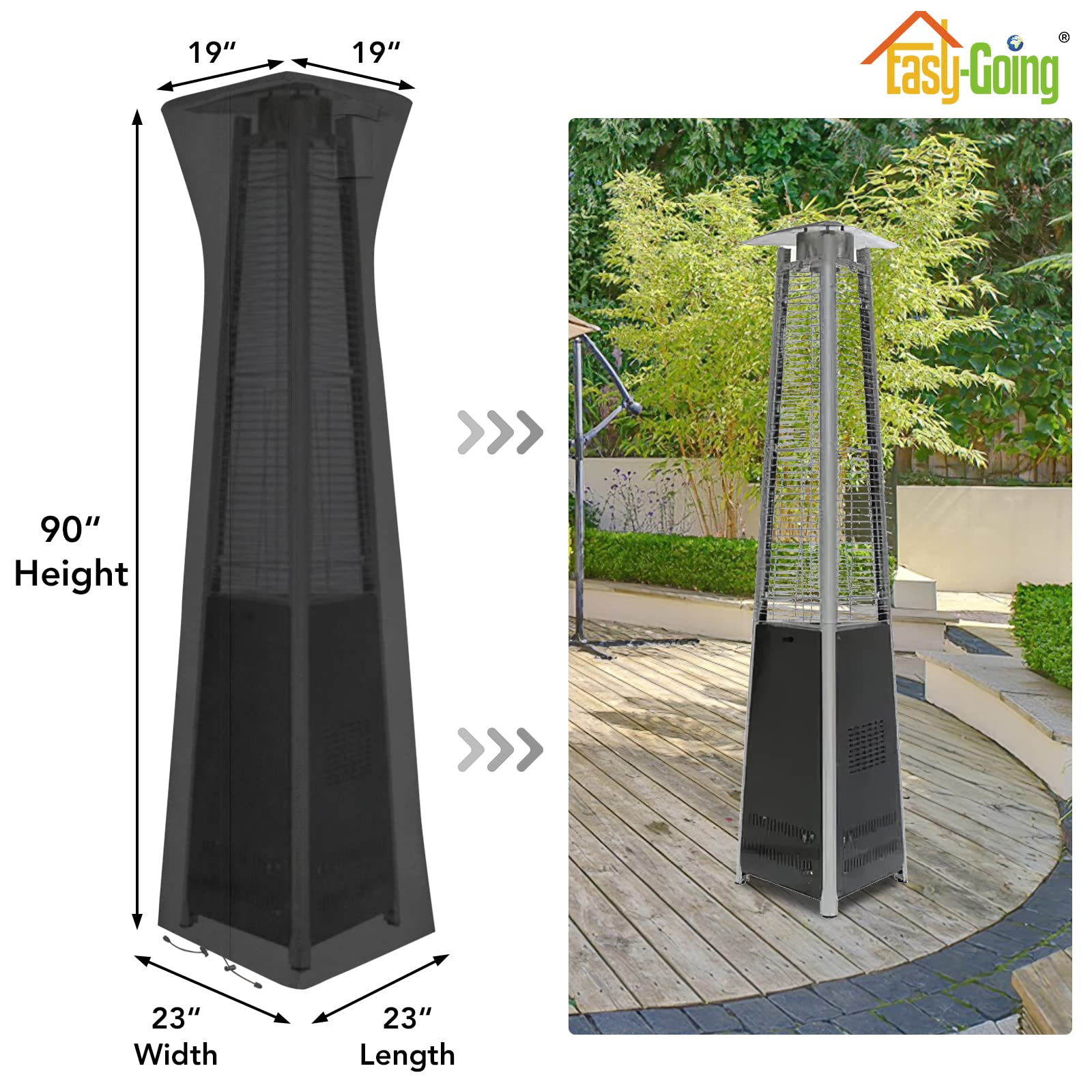 Easy-Going Pyramid Torch Patio Heater Cover With Zipper And Storage Bag, Waterproof Outdoor Heater Cover Dustproof, Uv-Resisant, Wind-Resistant (90'H X 23'L X 23'W, Black)