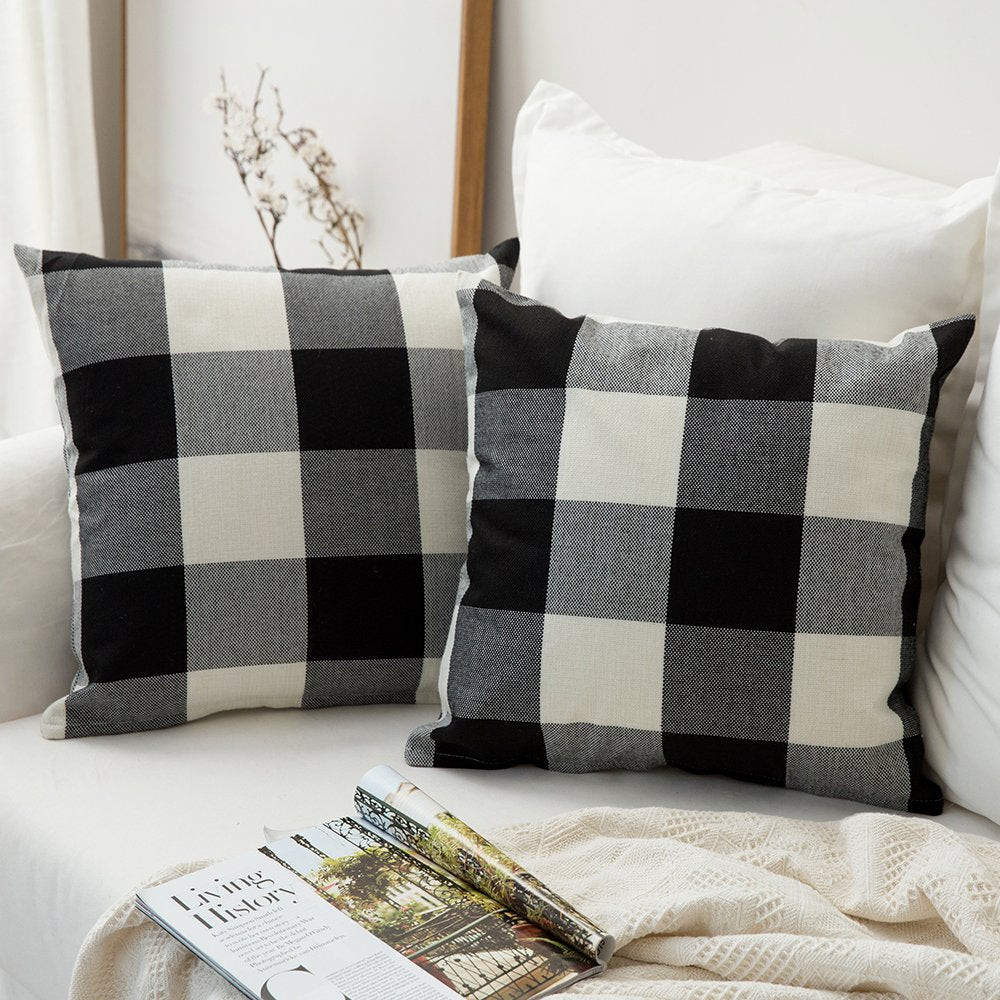 Miulee Halloween Pack Of 2 Classic Farmhouse Buffalo Check Plaids Polyester Linen Solid Black And White Decorative Throw Pillow