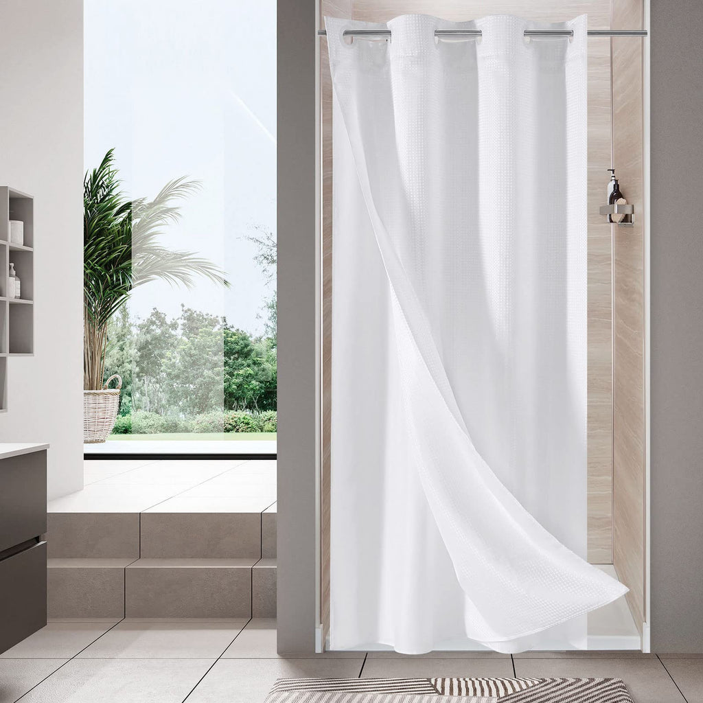 MitoVilla White Waffle Small Stall Shower Curtain 36 x 74, No Hooks Required Half Size Narrow Fabric Shower Curtain Set with Sna