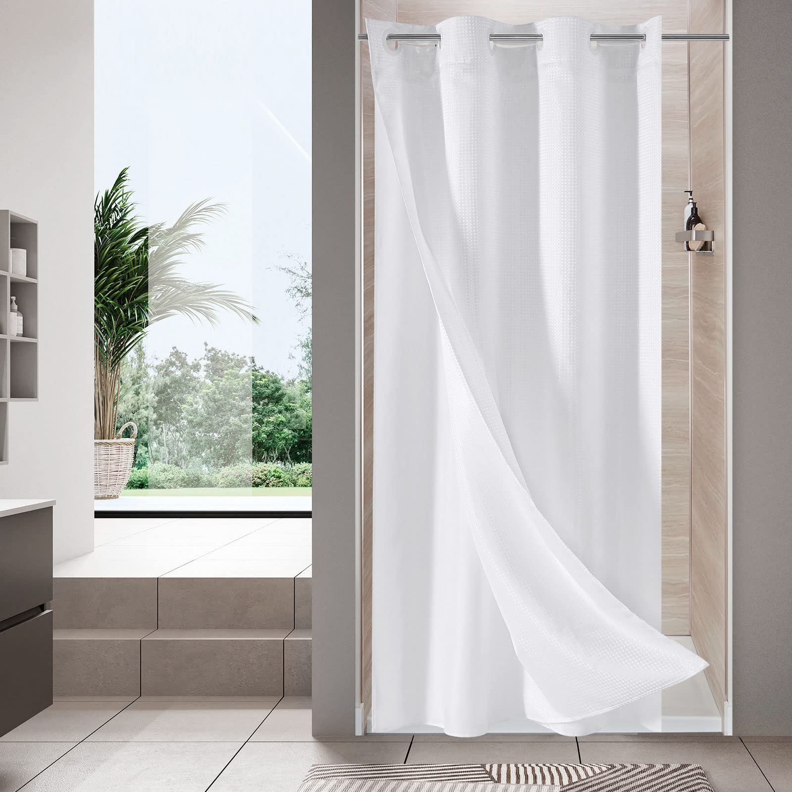 MitoVilla White Waffle Small Stall Shower Curtain 36 x 74, No Hooks Required Half Size Narrow Fabric Shower Curtain Set with Sna