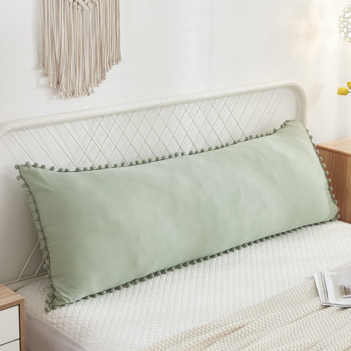Sage Green Body Pillow Cover 20X54Inches Boho Chic Pom Poms Fringe Decor Body Pillow Case Cover With Pocket Closure(Body,Sage Gr