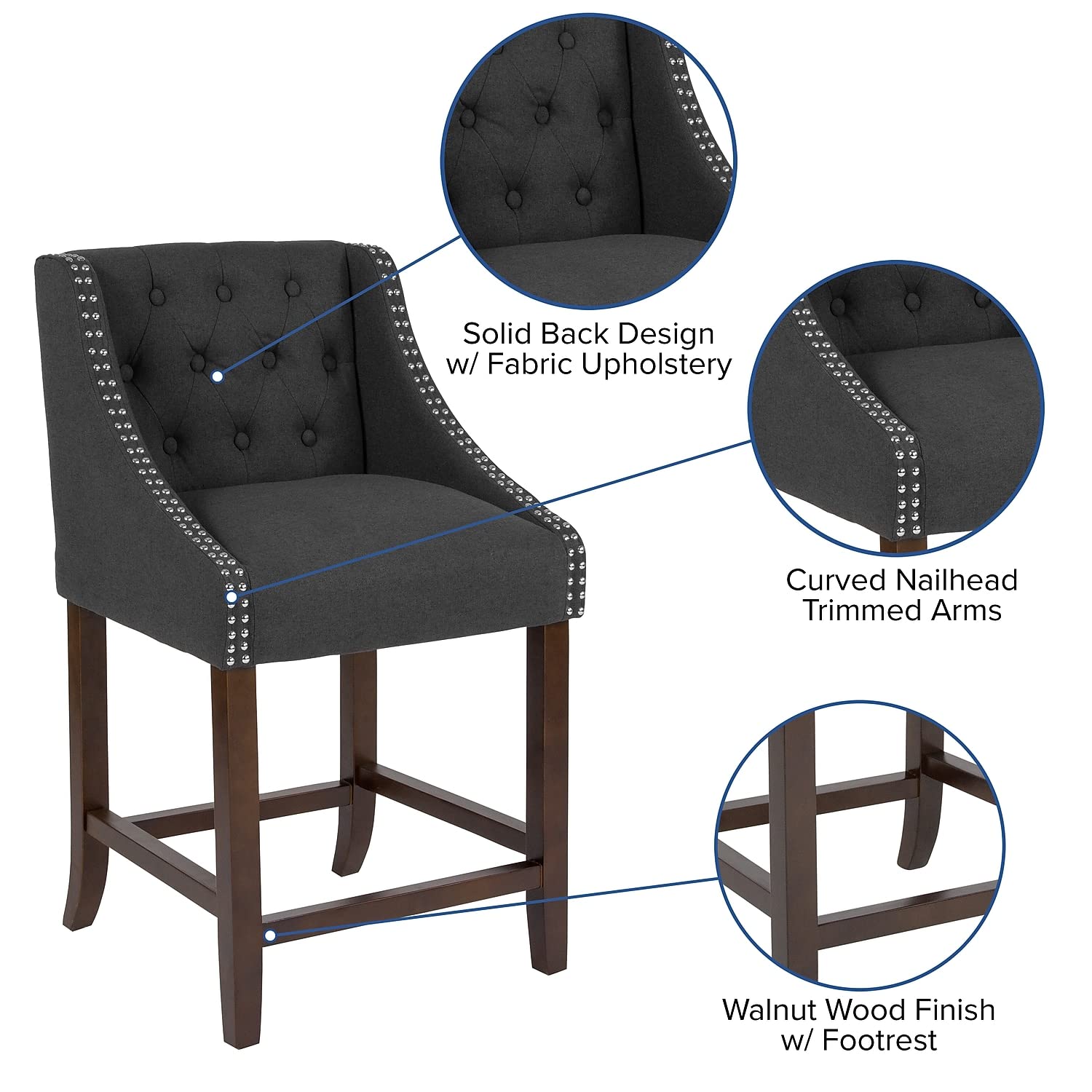 Flash Furniture Carmel Series 24' High Transitional Tufted Walnut Counter Height Stool With Accent Nail Trim In Charcoal Fabric