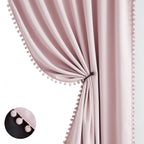 Pink Blackout-Curtains For Bedroom Pom Pom Thermal Insulated 100% Full Blackout Curtain Panels For Girls Baby Nursery Room 90 In