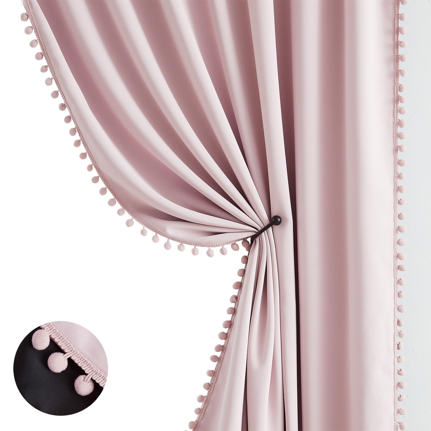 Pink Blackout-Curtains For Bedroom Pom Pom Thermal Insulated 100% Full Blackout Curtain Panels For Girls Baby Nursery Room 90 In