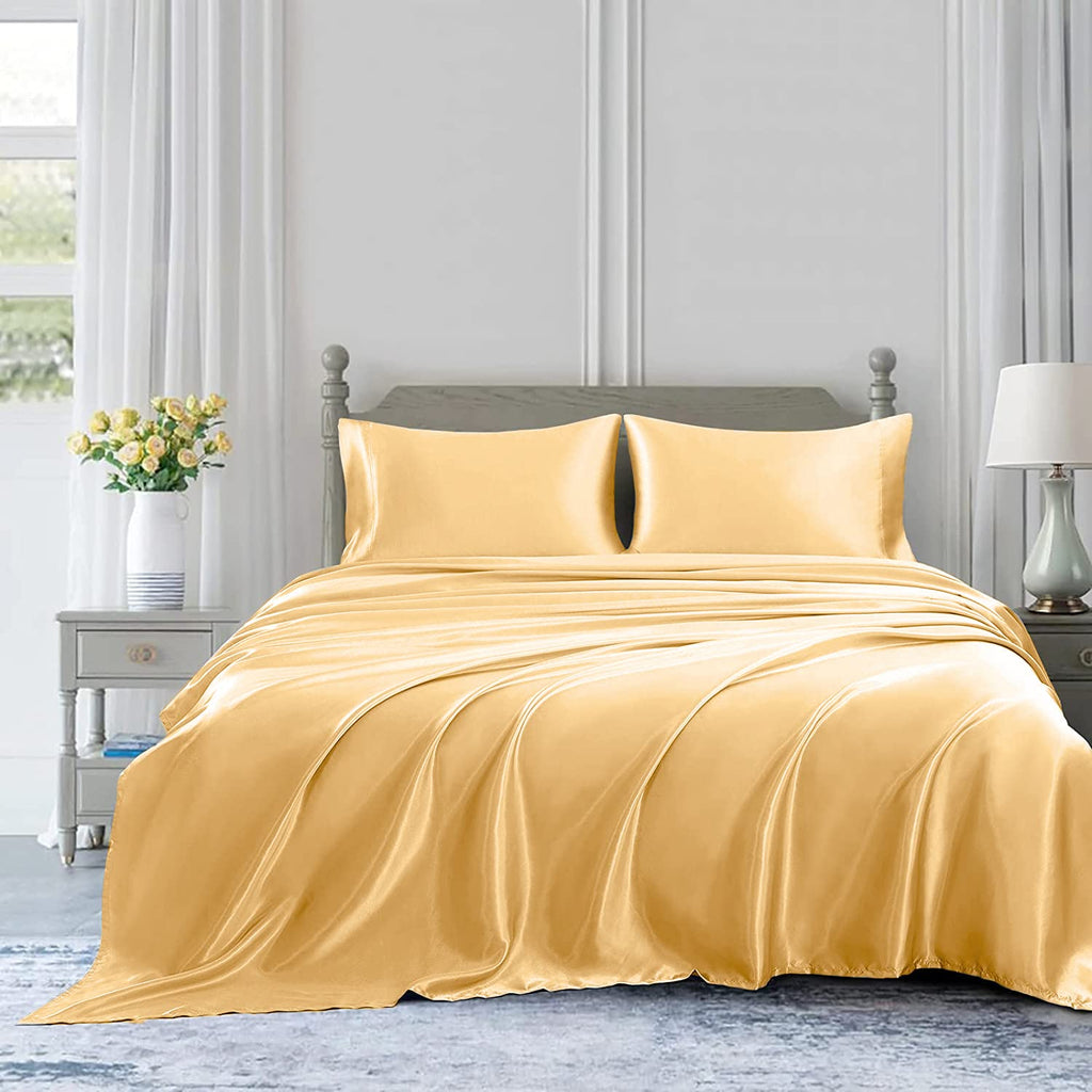 Homiest 4Pcs Satin Sheets Set Luxury Silky Satin Bedding Set With Deep Pocket, 1 Fitted Sheet + 1 Flat Sheet + 2 Pillowcases (Full Size, Gold)