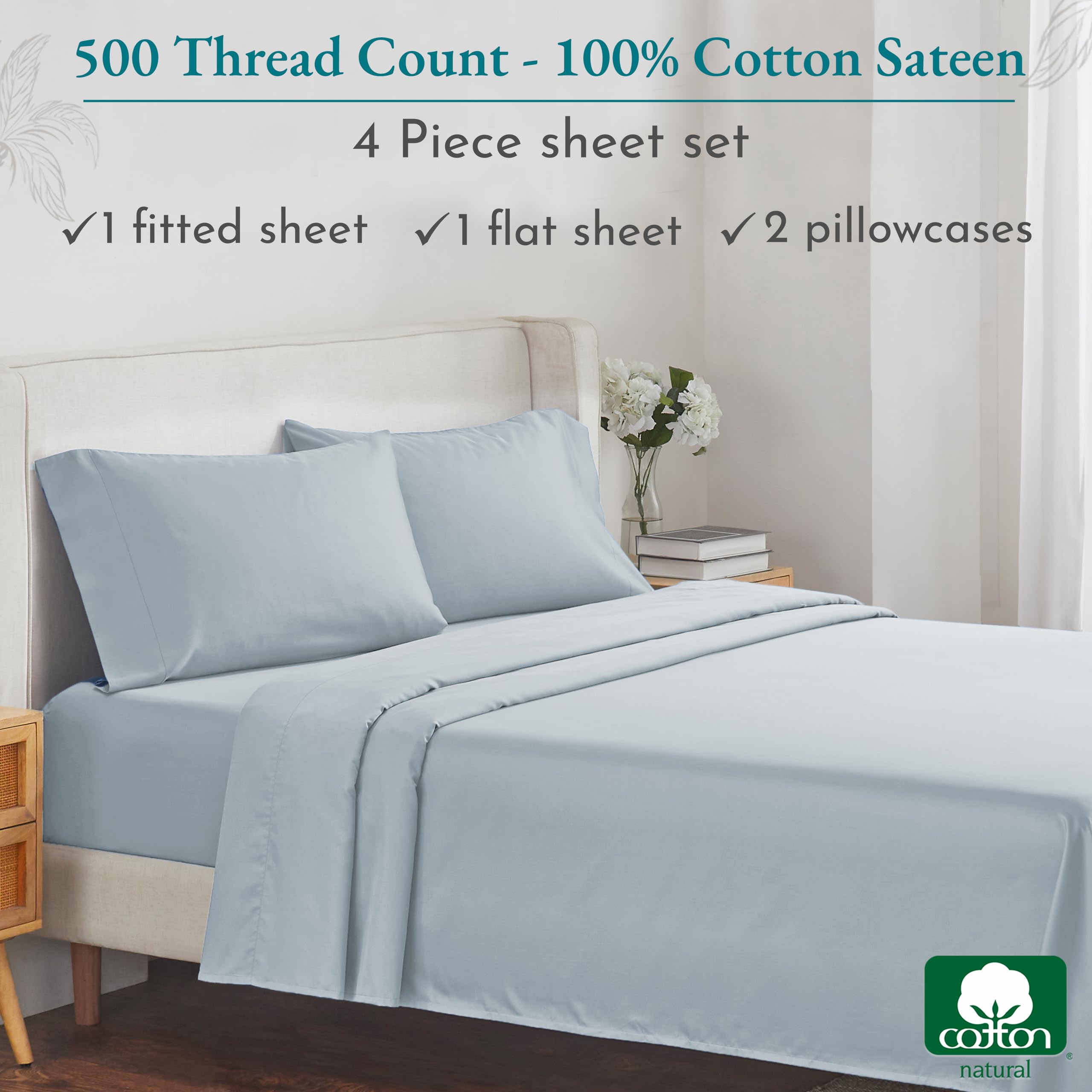 California Design Den Full Cotton Sateen Sheet Set - 500 Thread Count Light Blue Sheets, Pure Cotton 4 Piece Luxury Bedding, Wri