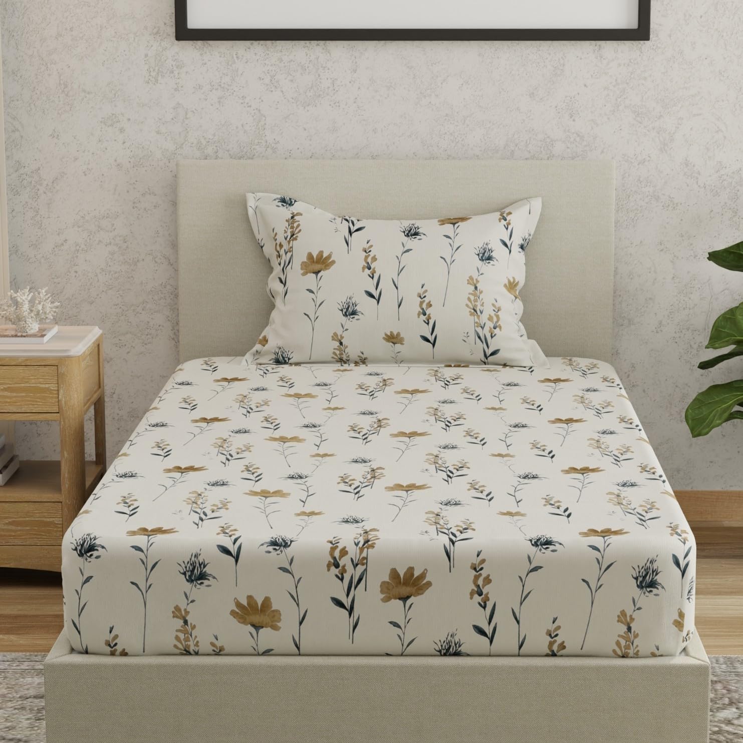 Huesland By Ahmedabad Cotton 144 Tc Bedsheet For Single Bed With 1 Pillow Cover | White & Olive Green