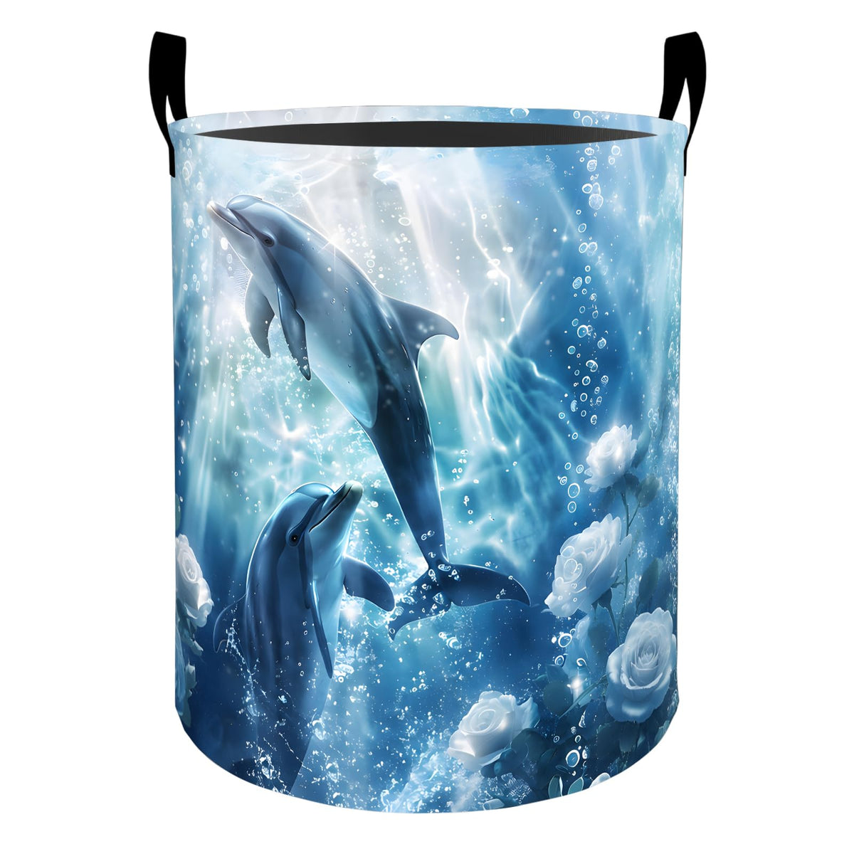 Blue Dolphin Laundry Basket Hamper for Boys Girls Kids Adults, Foldable Waterproof Oxford Clothes Storage Bin, Underwater Sea Li