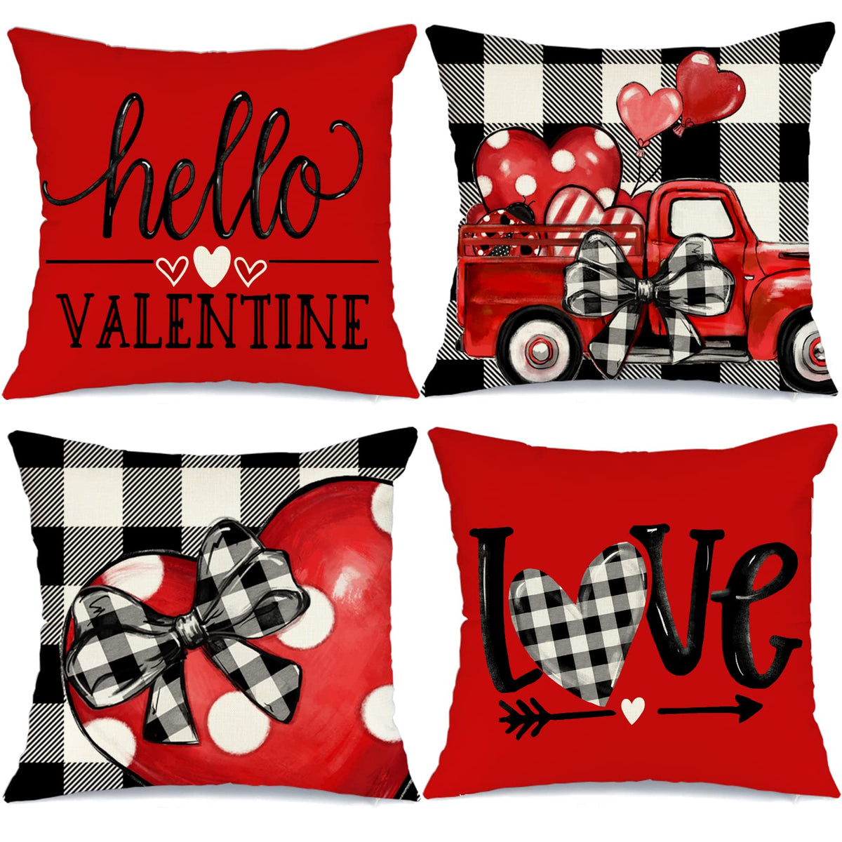 Buffalo Plaid Valentines Day Pillow Covers 18X18 Set Of 4 Valentines Day Decor Polka Dot Red Heart With Bow Love Truck Valentine