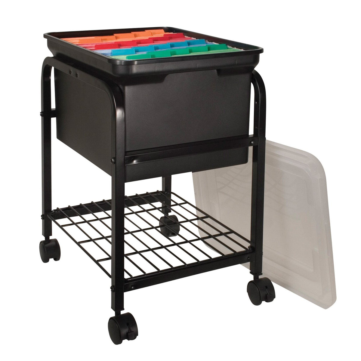 INNOVATIVE STORAGE DESIGN Hanging Rolling File Cart with Clear Lid, 15-5/8 in. x 18 in. x 25-5/8 in, Black