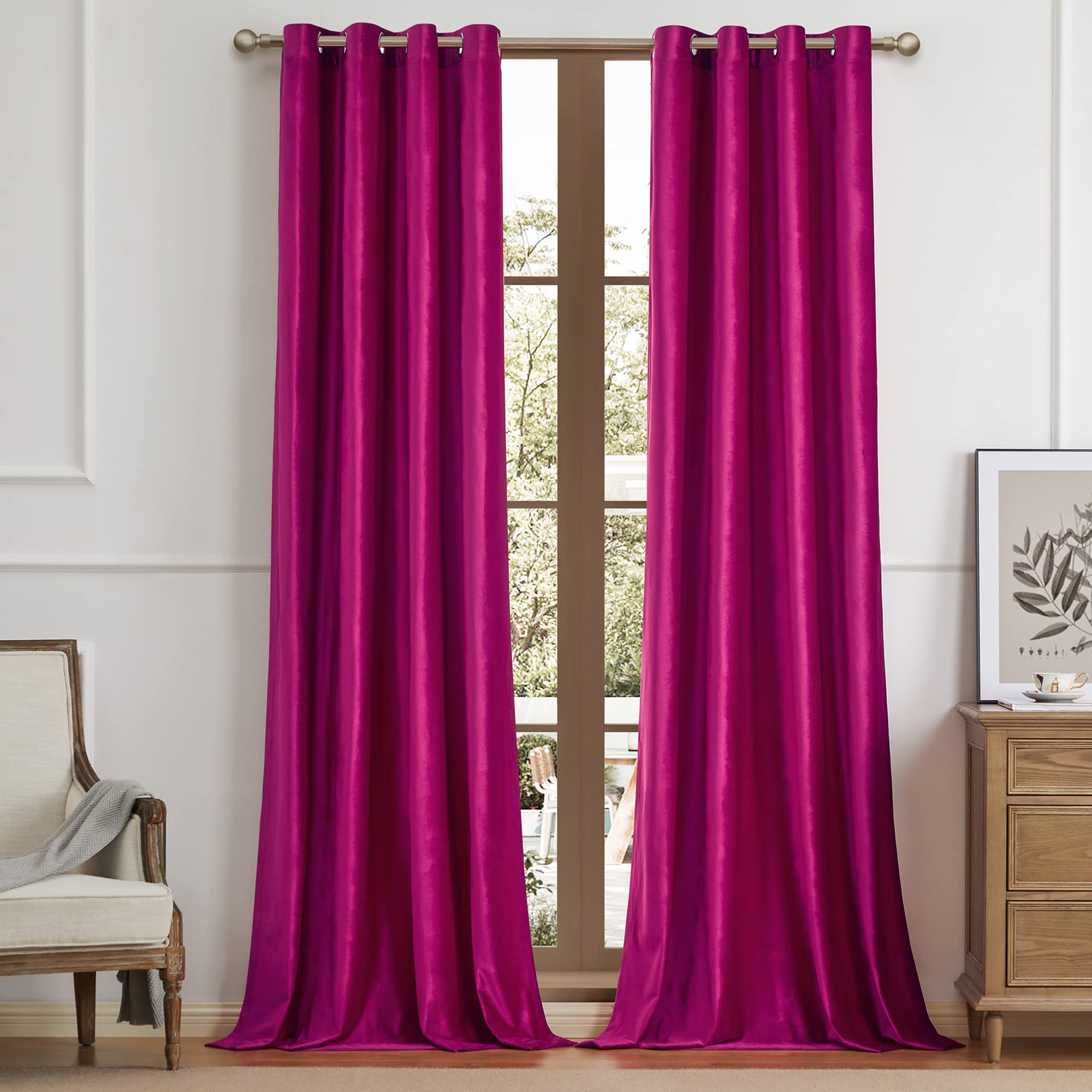 Bulbul Living Room Velvet Window Curtains 90 Inch Length- 2 Panels Hot Pink Blackout Window Drapes Curtains Thermal Insulated Ro