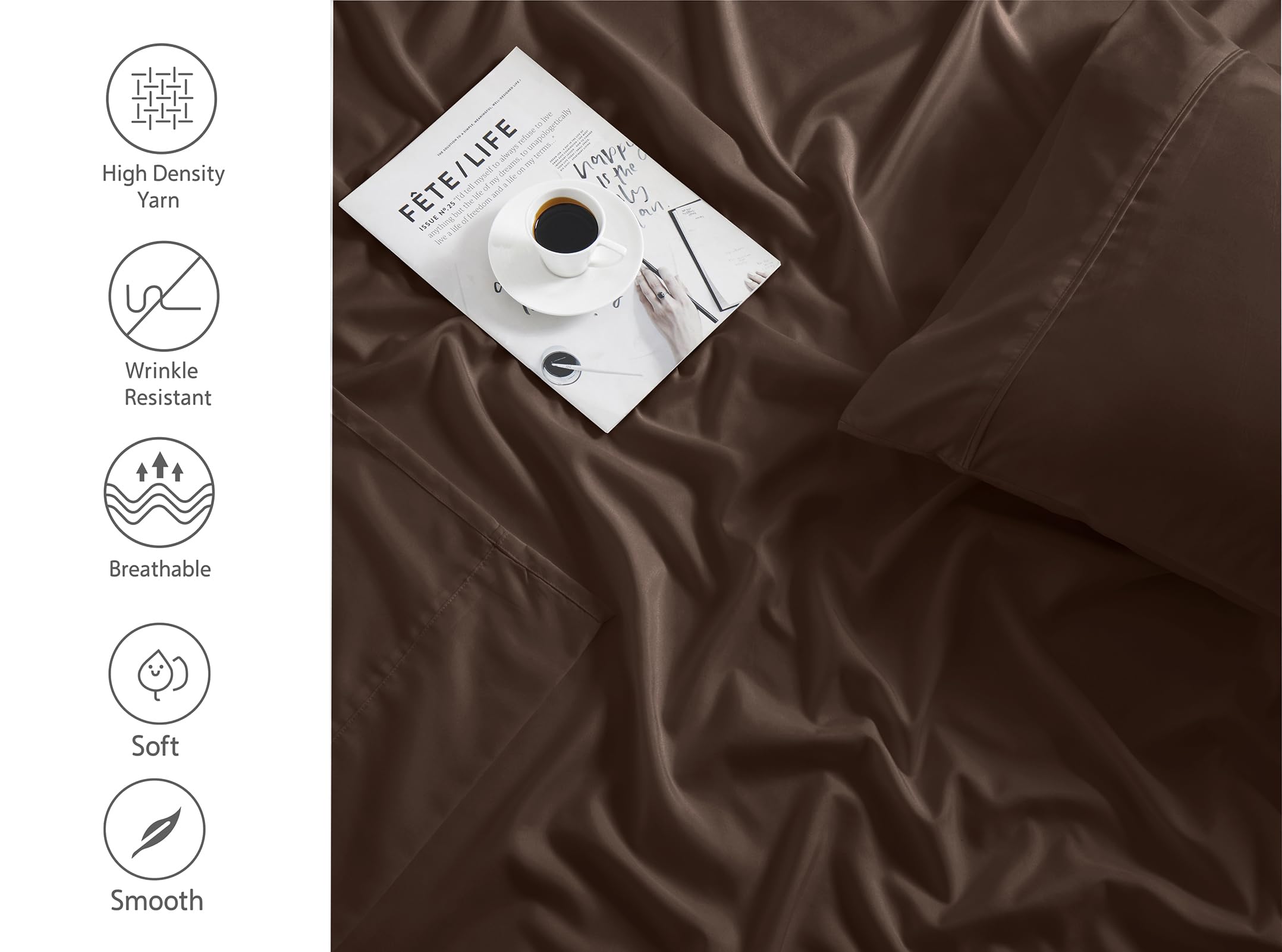 Lanest Housing Twin Sheets Sets, 2400 Thread Count Soft Deep Pocket Microfiber Sheets, 3 Pieces Brown Bedding Sheets & Pillowcas