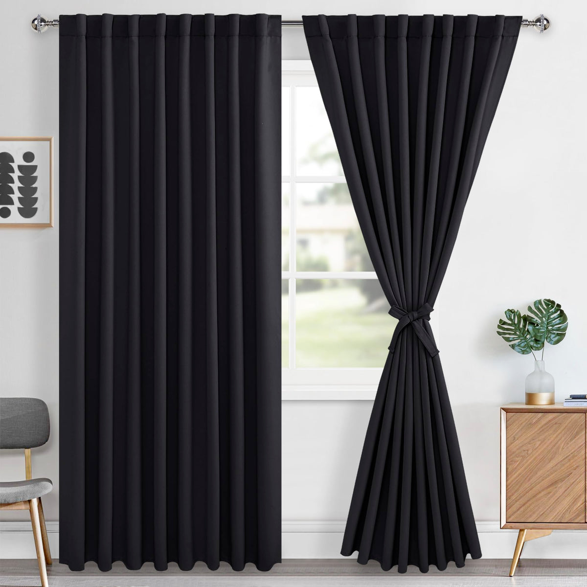 Hiasan Black Blackout Curtains 84 inches Long 2 Panels, Thermal Insulated Window Treatment Sewn with Tiebacks, Back Tab & Rod Po