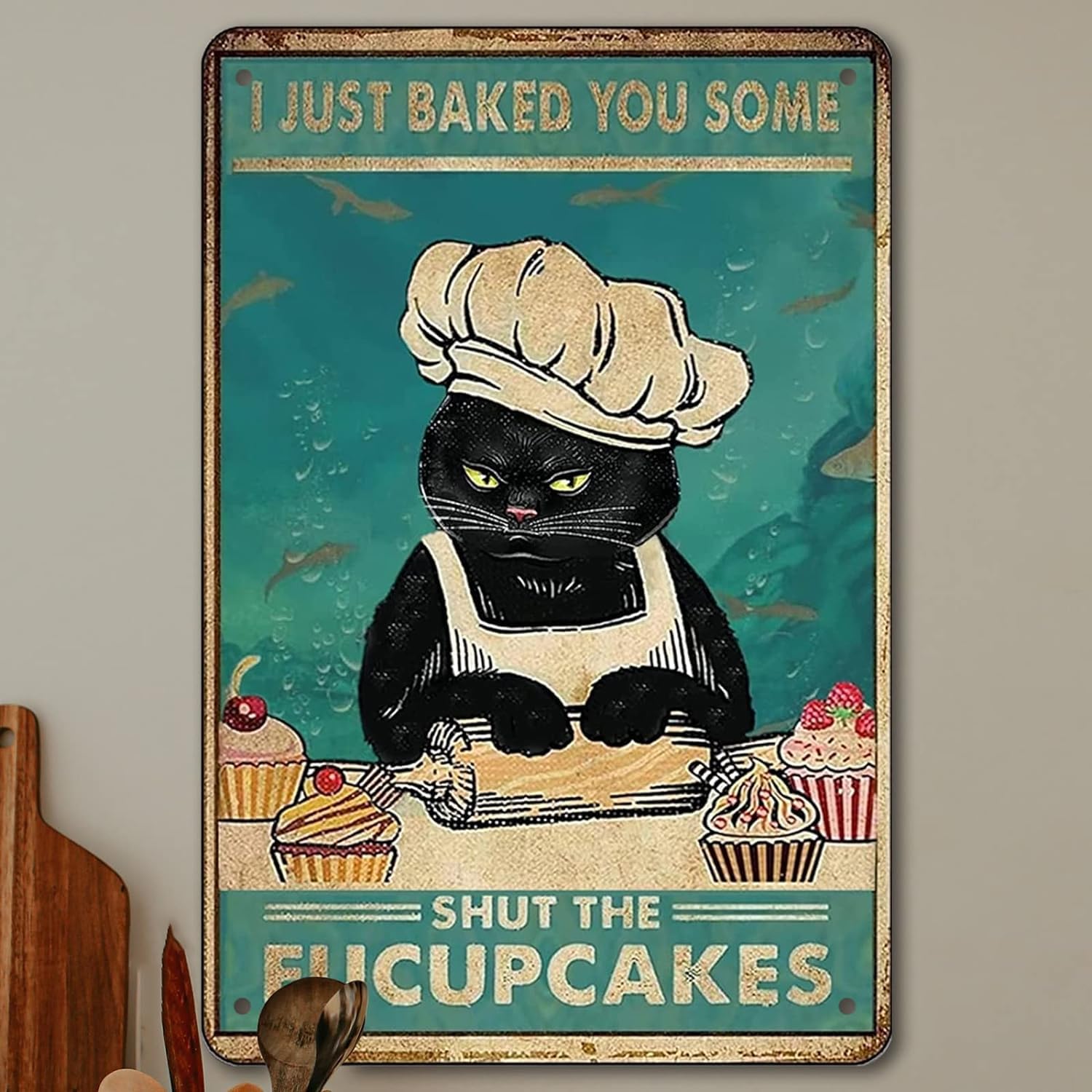 Funny Retro Cat Metal Tin Sign Vintage Kitchen Signs Wall Decor Cat Art Kitty Cats Signs For Home Coffee Bar Cat Art I Just Bake