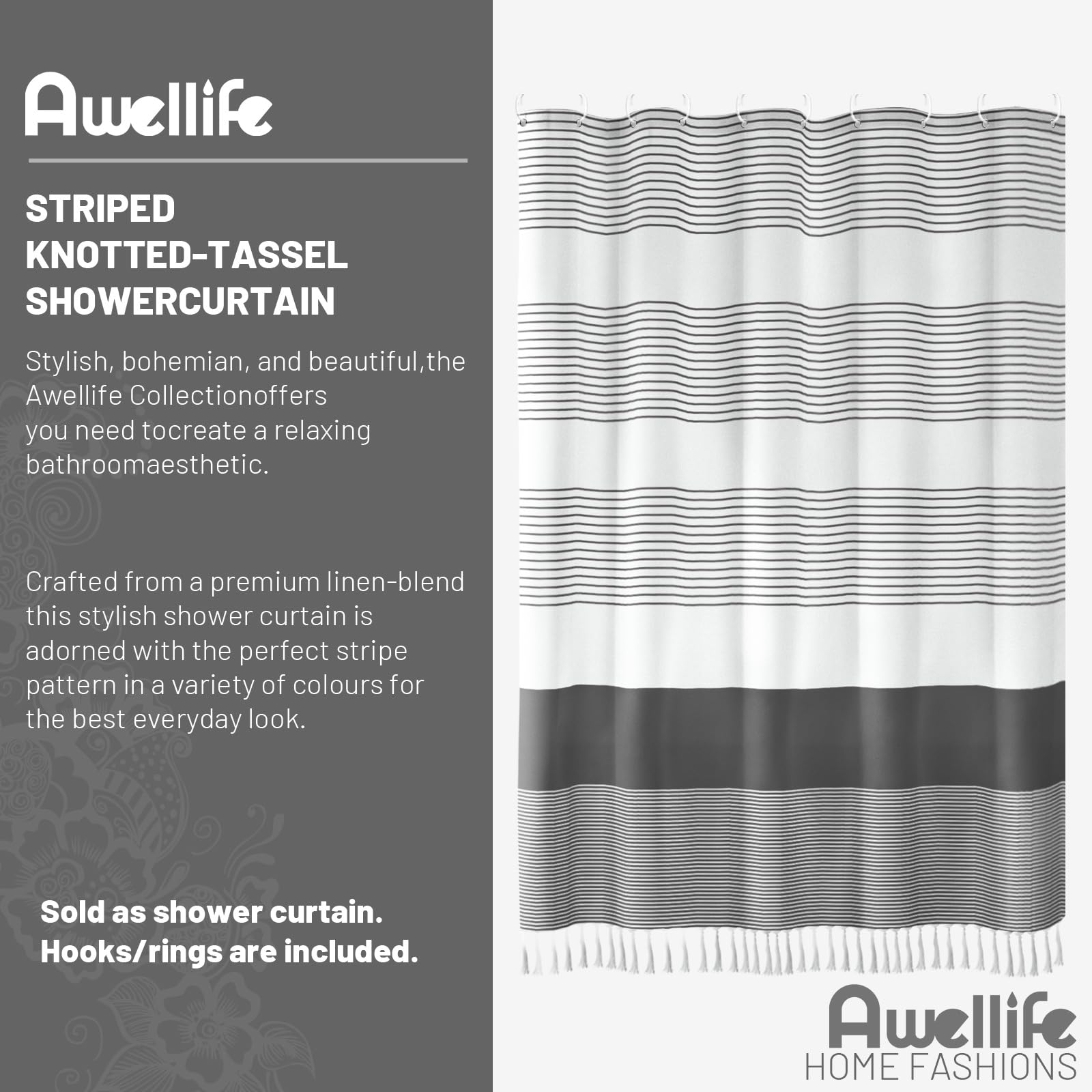 Awellife Gray Shower Curtain For Bathroom Stripe Tassel Shower Curtain 72 X 72 Inches Farmhouse Linen Boho Dark Grey