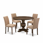 East West Furniture I3AB5-747 5 Piece Dining Table Set for 4 Includes a Round Kitchen Table with Pedestal and 4 Light Sable Linen Fabric Parsons Dining Chairs, 48x48 Inch, Distressed Jacobean