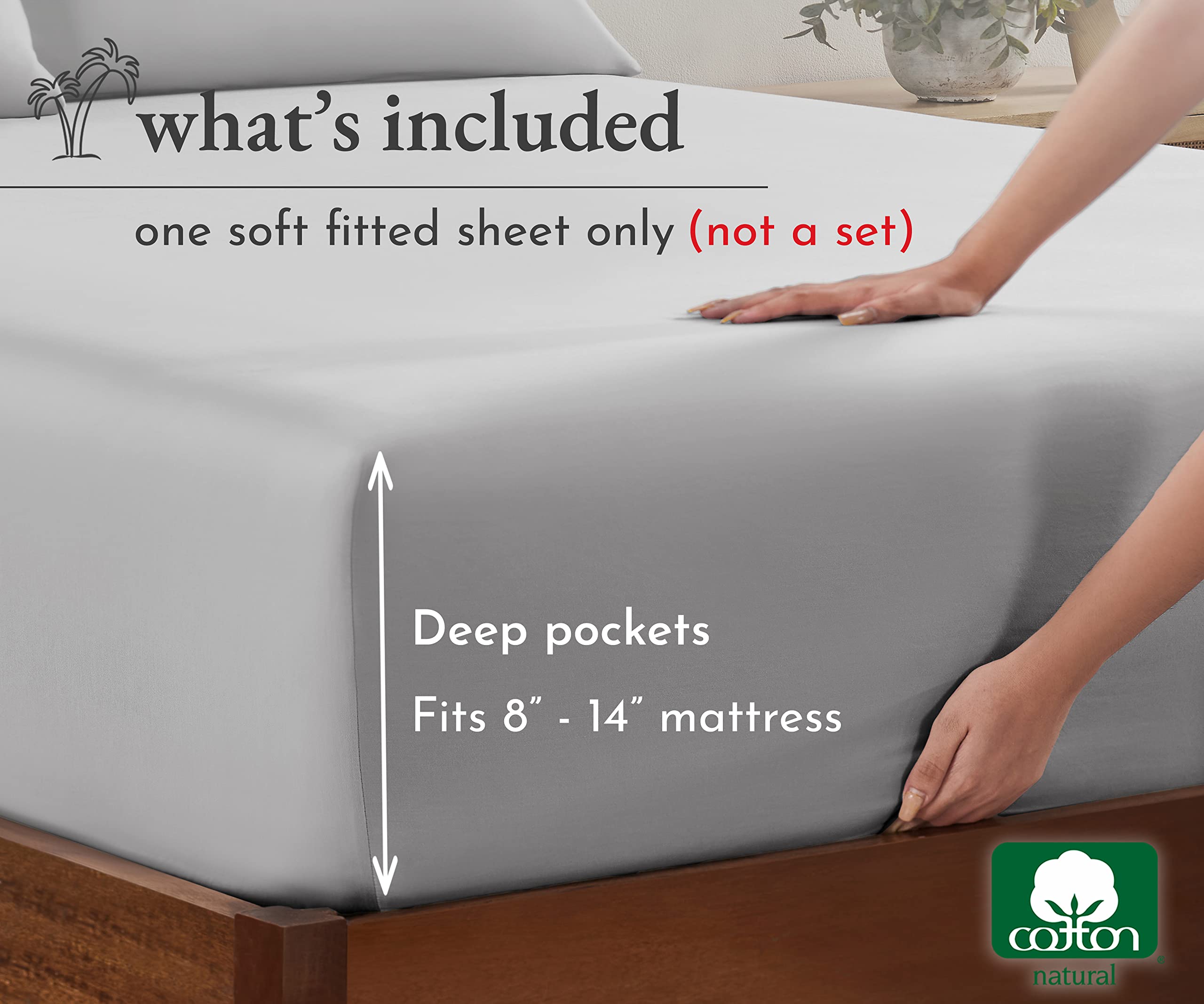 California Design Den Soft 100% Cotton Full Fitted Sheet Only, Deep Pocket, Durable Sateen, All-Around Elastic, Head/Foot Side Indicators, Fitted Sheet (Light Grey)