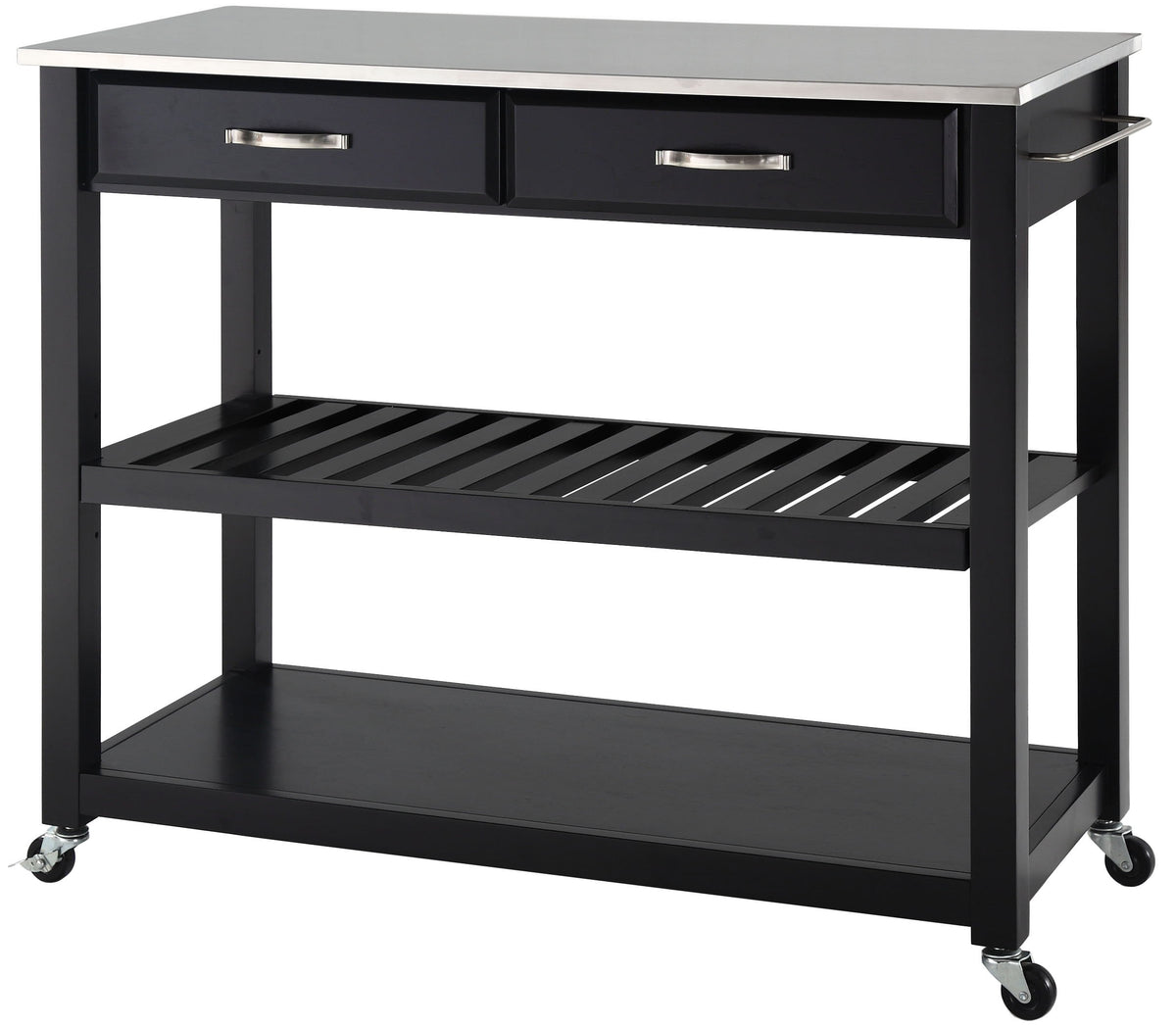 Crosley Furniture Stainless Steel Top Kitchen Prep Rolling Cart, Microwave Stand, Coffee Bar, With Shelves, Black