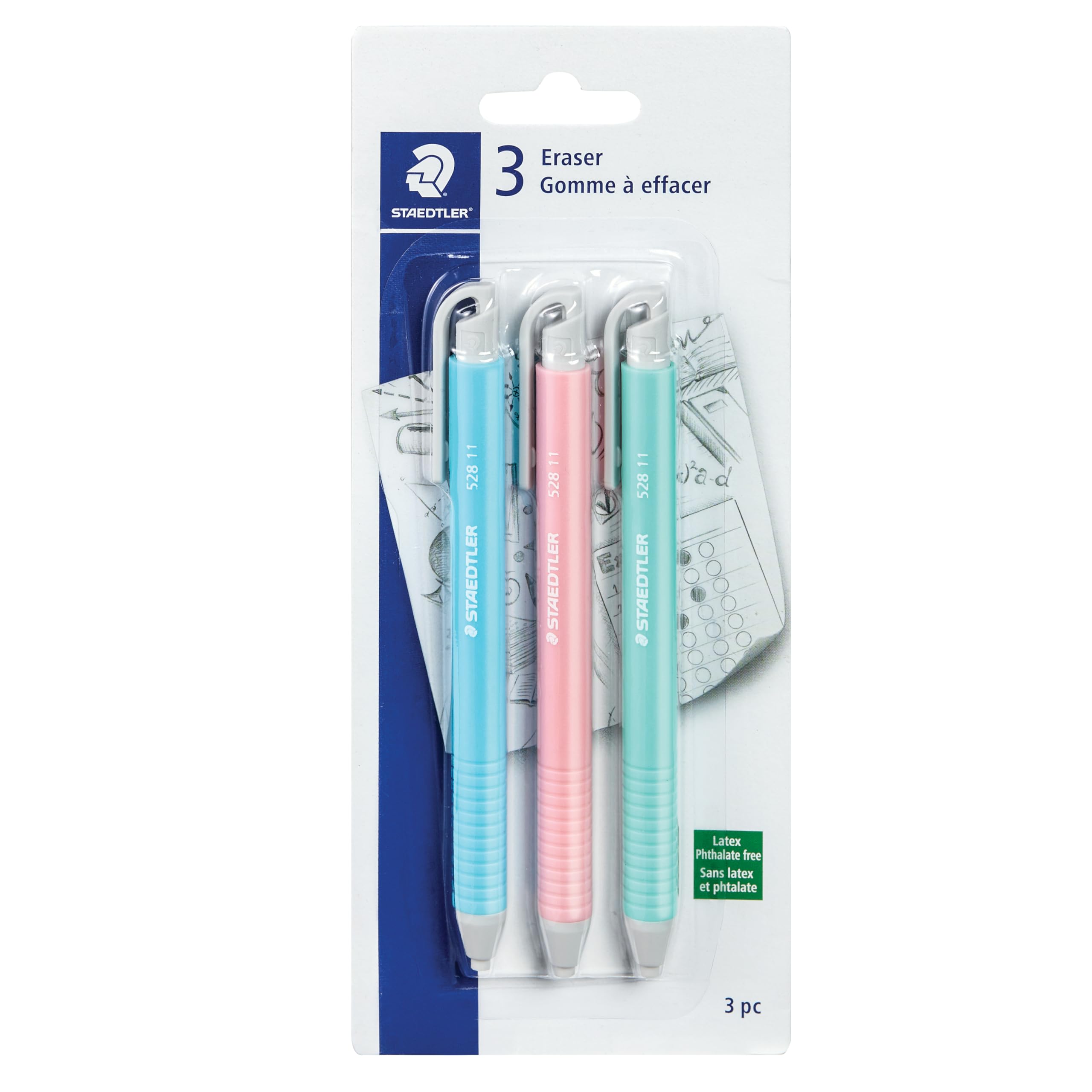 Staedtler Vinyl Eraser Holder, Retractable, Latex Free, Pack Of 3, 528 Sbk3