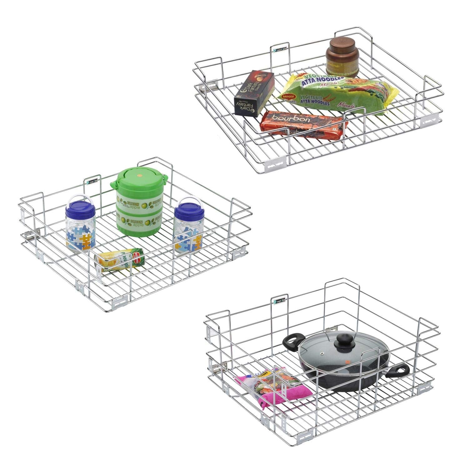 Smartslide Set Of 3 Stainless Steel Modular Kitchen Basket (21 X 20 Inch) / Kitchen Trolley/Kitchen Drawer/Kitchen Cabinet/Utens