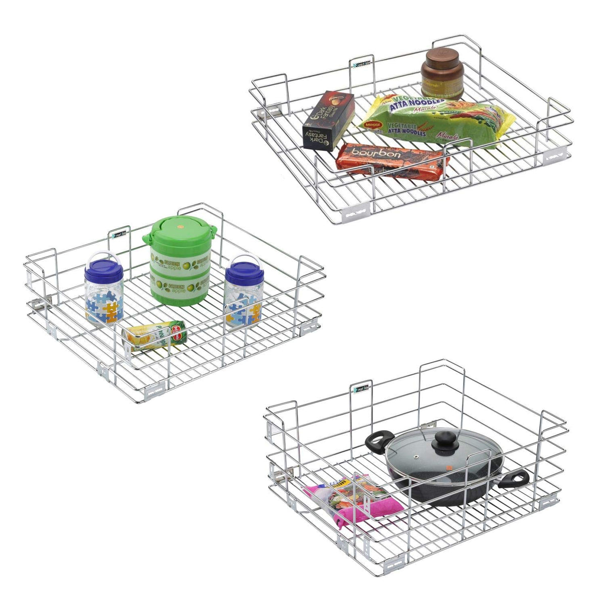 SmartSlide Set of 3 Stainless Steel Modular Kitchen Basket (16 X 20 INCH) / Kitchen Trolley/Kitchen Drawer/Kitchen Cabinet/Utens