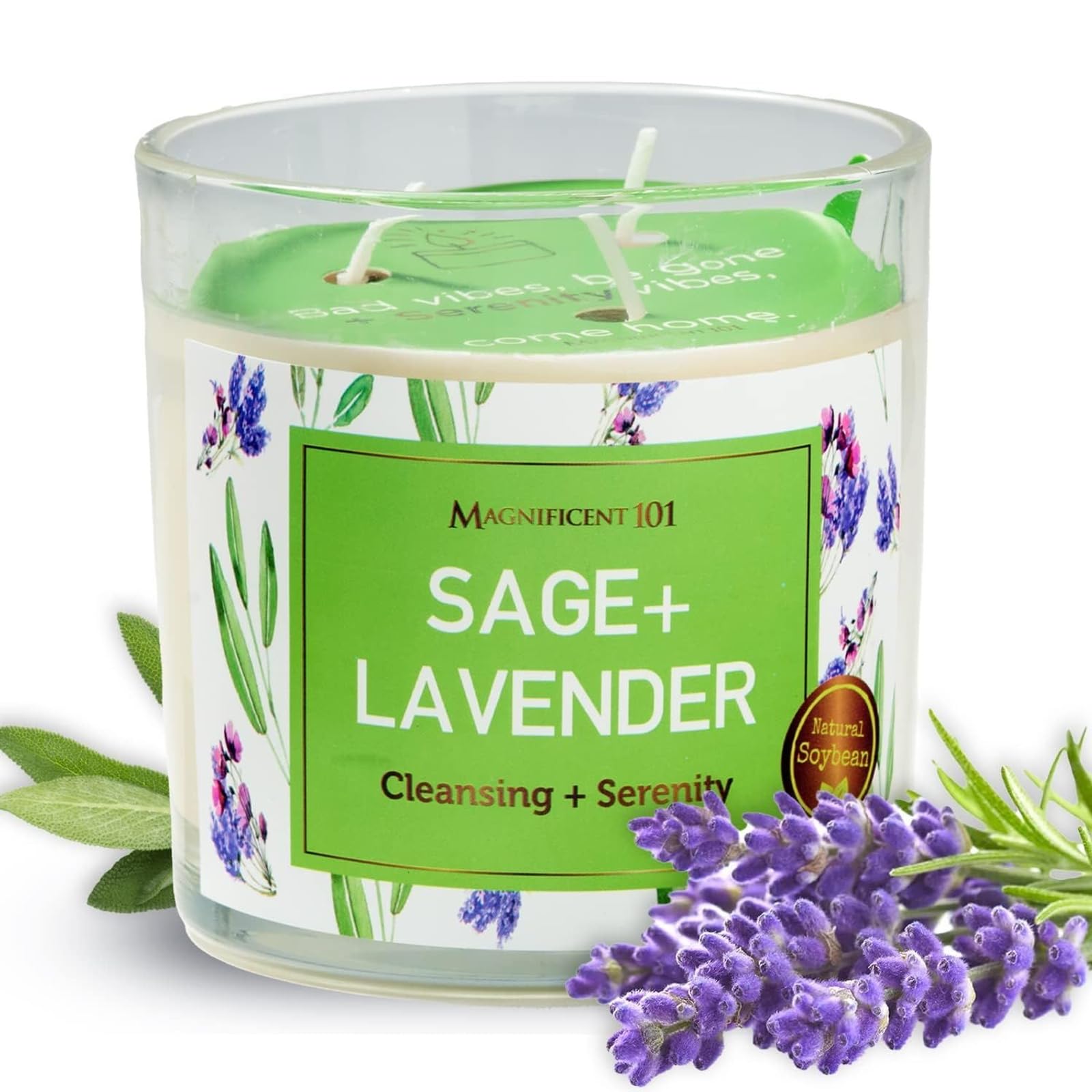 Magnificent 101 Long Lasting Lavender Sage Scented Smudge Candle - 14 oz - 56 Hour Burn Time - Natural Soy Wax Candle for House 