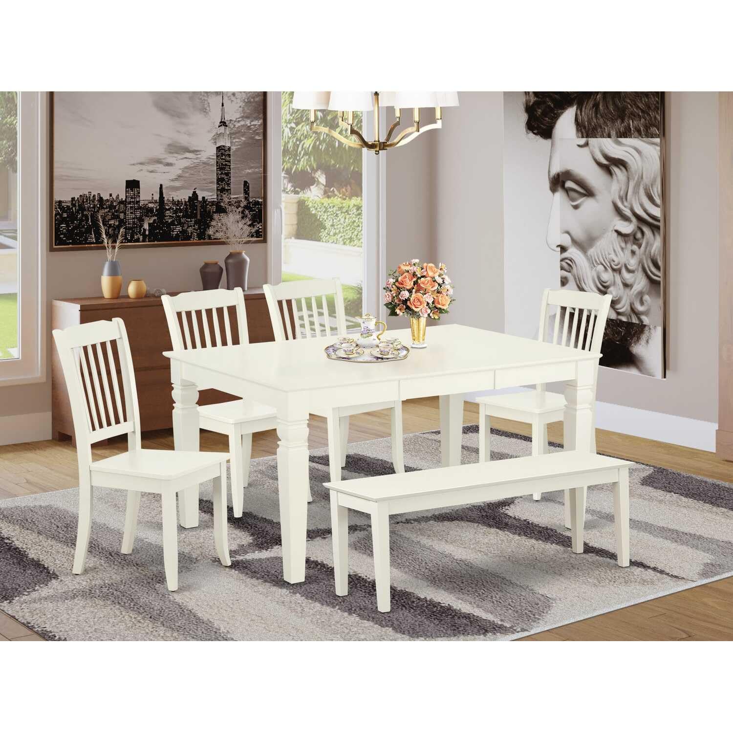 East West Furniture WEDA6-LWH-W 6Pc Rectangular 42/60&quot; Dining Table with 18 in Leaf and Four Wood Seat Dining Chairs Plus 1 Bench