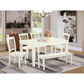 East West Furniture WEDA6-LWH-W 6Pc Rectangular 42/60" Dining Table with 18 in Leaf and Four Wood Seat Dining Chairs Plus 1 Bench
