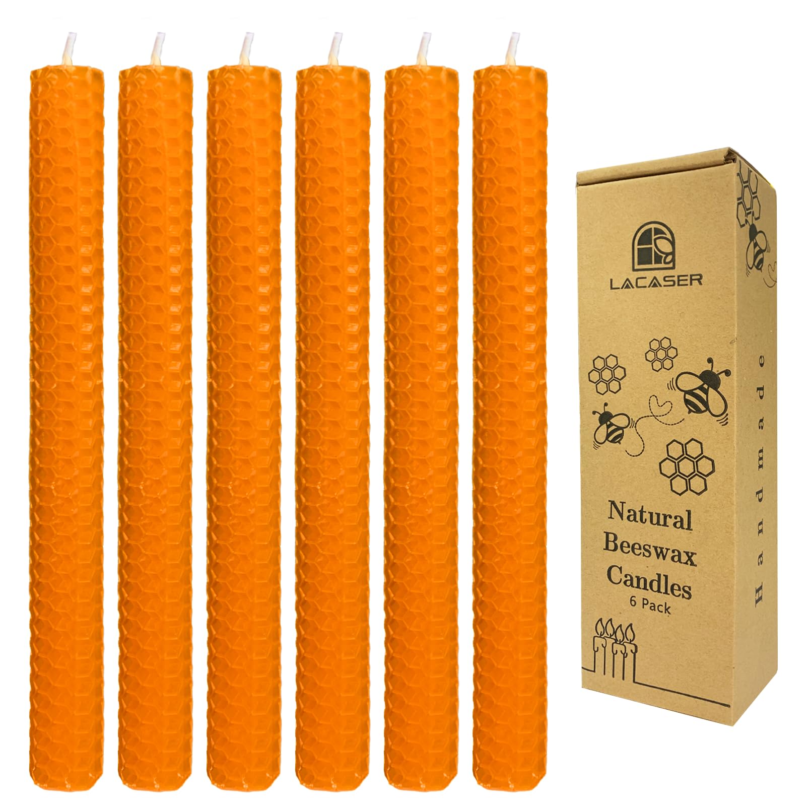 Orange Beeswax Taper Candles Set of 6pcs, 9 Long Candlesticks for Autumn, Unscented & Smokeless & Handrolled Bees Wax Candles fo