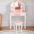 Nromant Kids Vanity Set, Princess Toddler Makeup Vanity with Mirror and 3-Color LED Lighted, Wooden Kids Vanity Table and Chair 