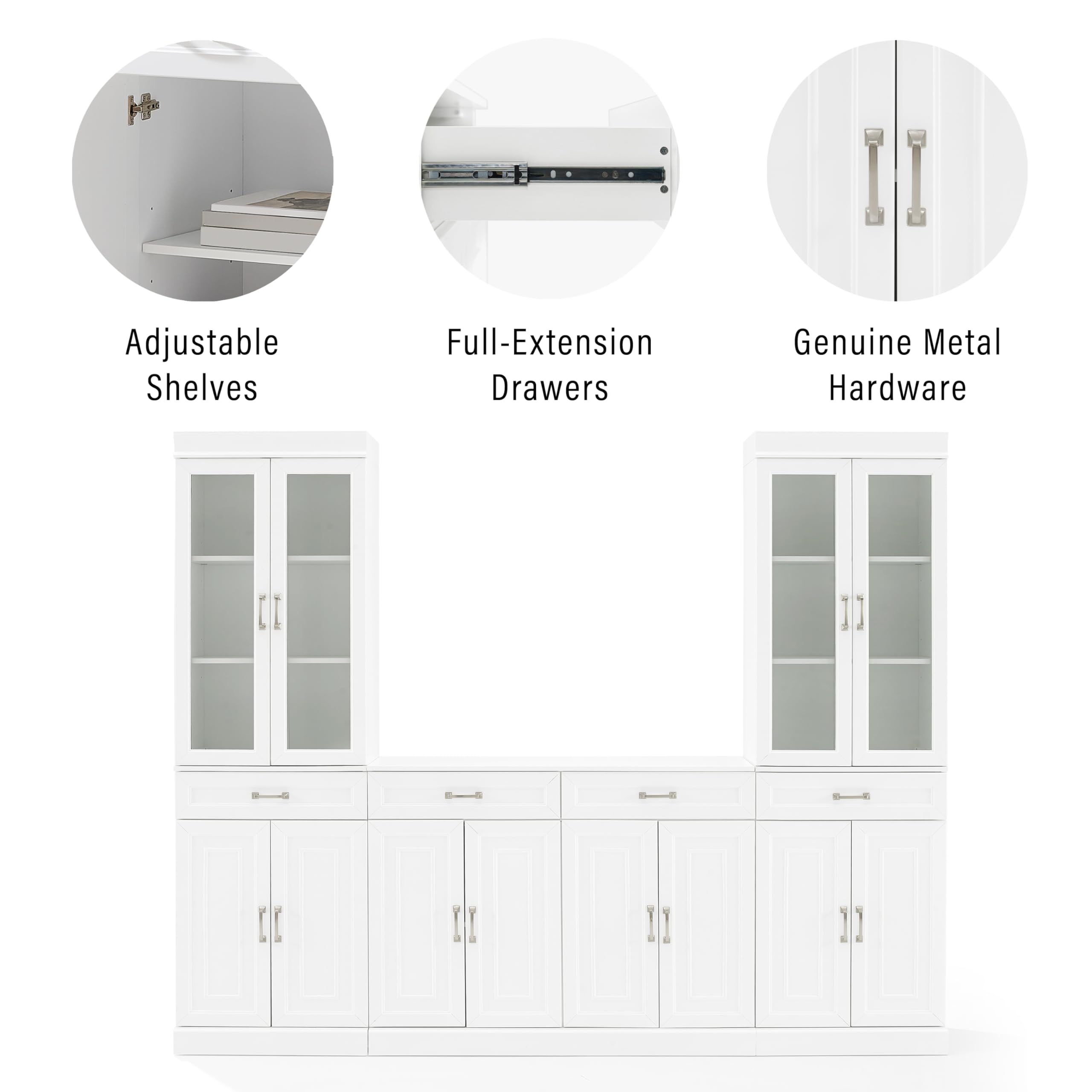 Crosley Furniture Stanton 3-Piece Sideboard Buffet Cabinet and Glass Door Kitchen Storage Pantry Set, White