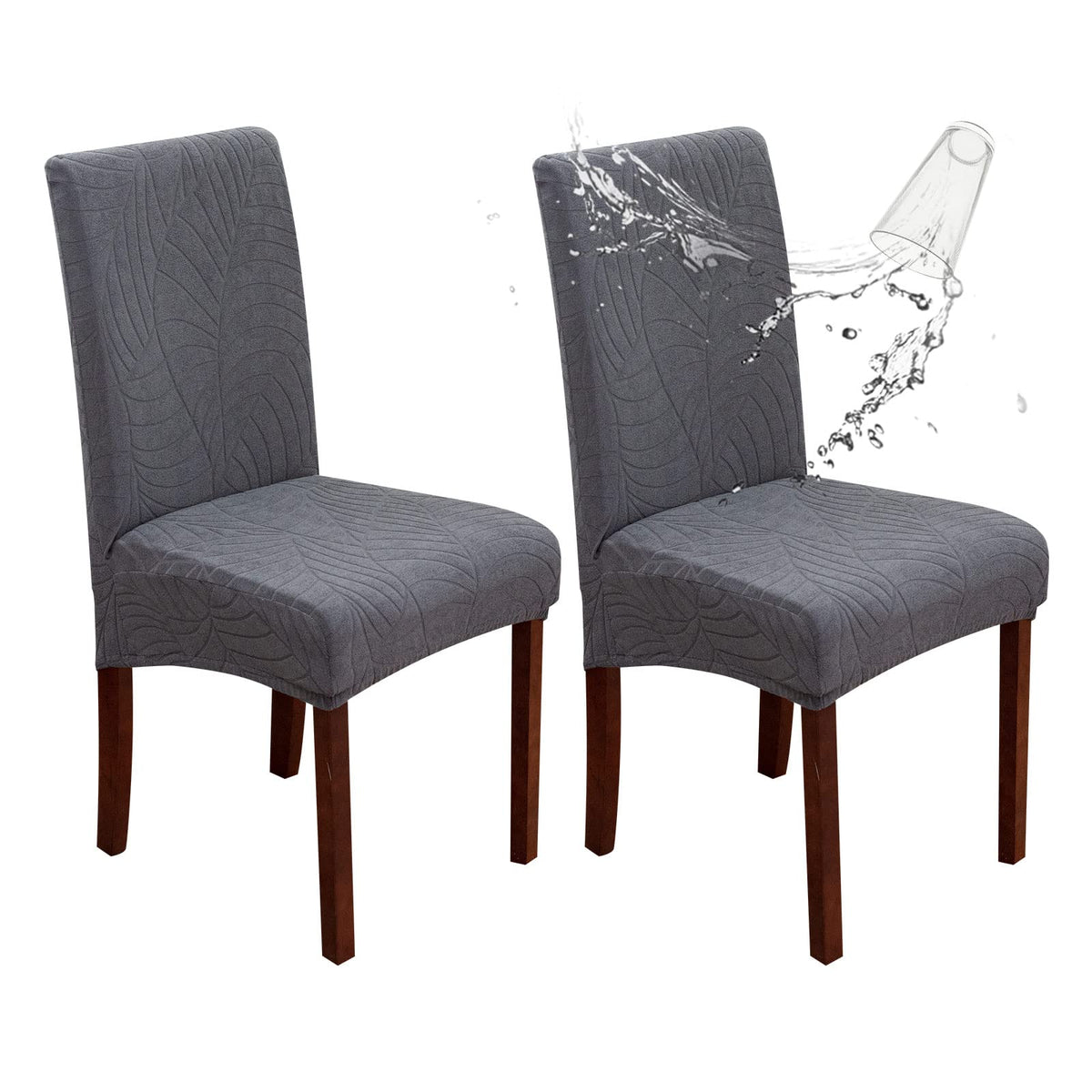 Genina Waterproof Chair Covers For Dining Room, Stretch Jacquard Dining Chair Slipcovers Removable Washable Chair Protector For Kitchen, Hotel, Restaurant (Leaves-Dark Gray, 2 Pcs)