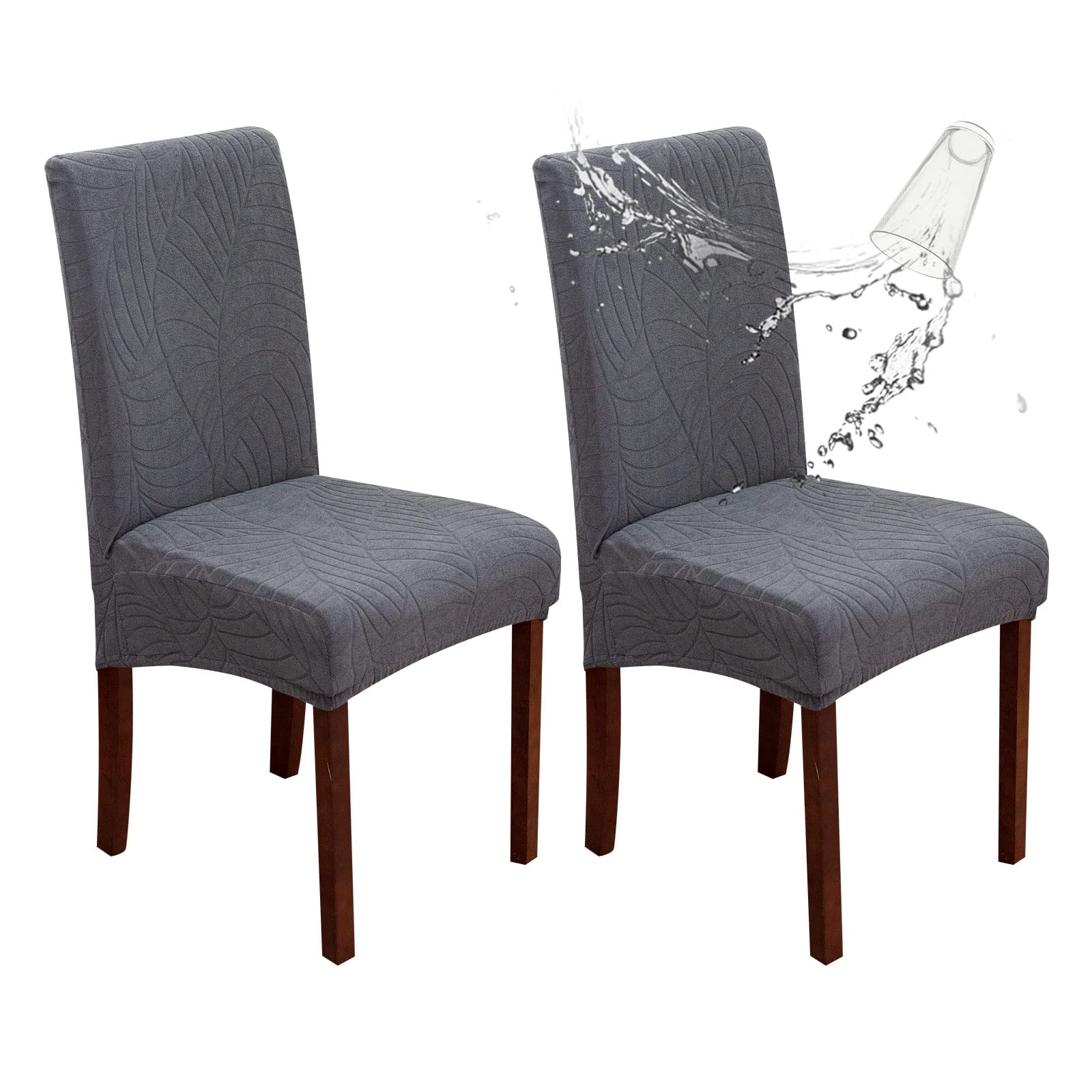 Genina Waterproof Chair Covers For Dining Room, Stretch Jacquard Dining Chair Slipcovers Removable Washable Chair Protector For Kitchen, Hotel, Restaurant (Leaves-Dark Gray, 2 Pcs)