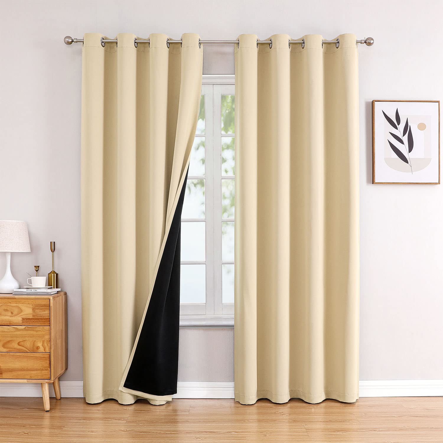 Chrisdowa 100% Blackout Curtains 90 Inch Long For Bedroom With Black Liner, 2 Thick Layers Total Blackout Thermal Insulated Grom