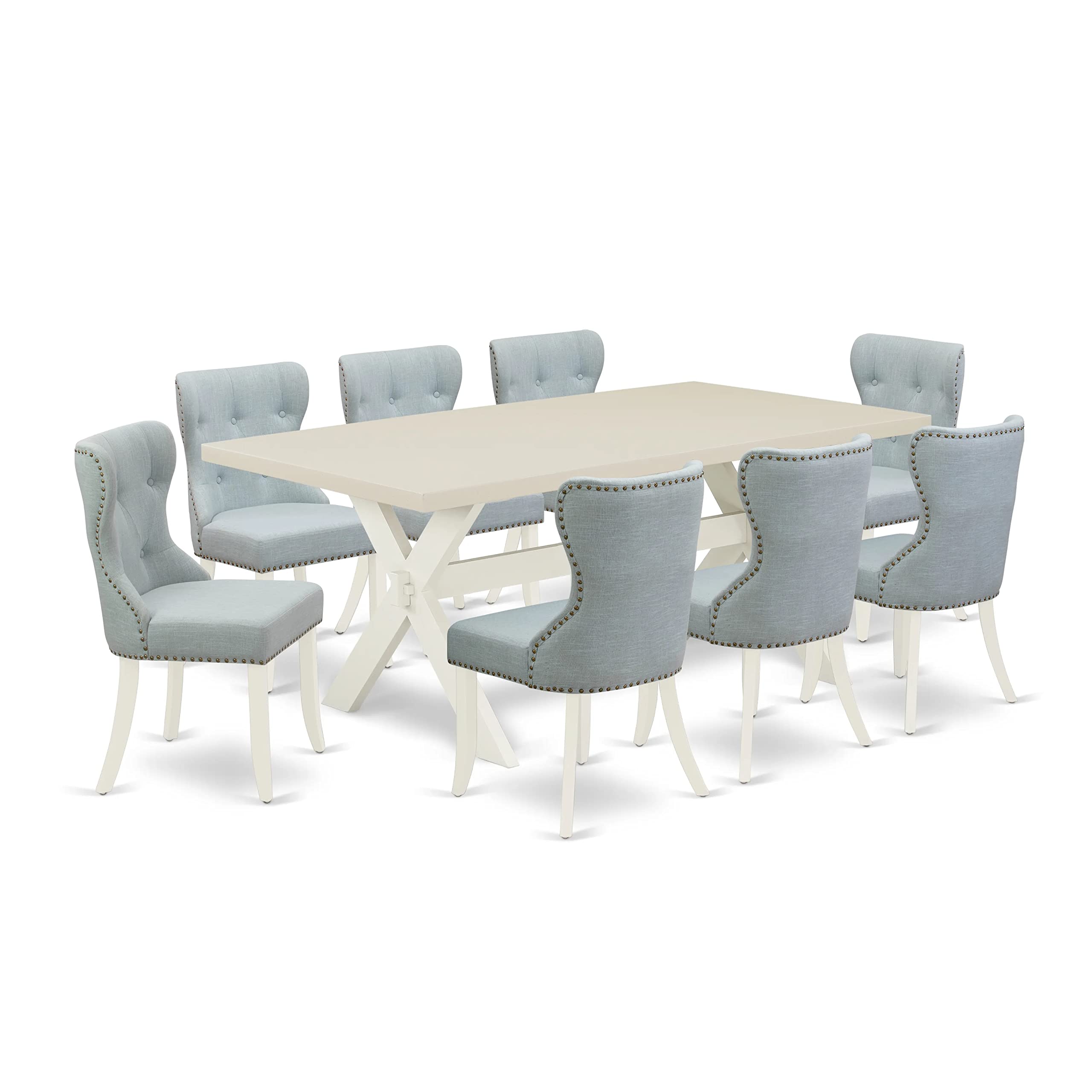 East West Furniture X-Style 9 Piece Set Includes A Rectangle Dining Room Table With X-Legs And 8 Baby Blue Linen Fabric Upholstered Chairs, 40X72 Inch, X027Si215-9
