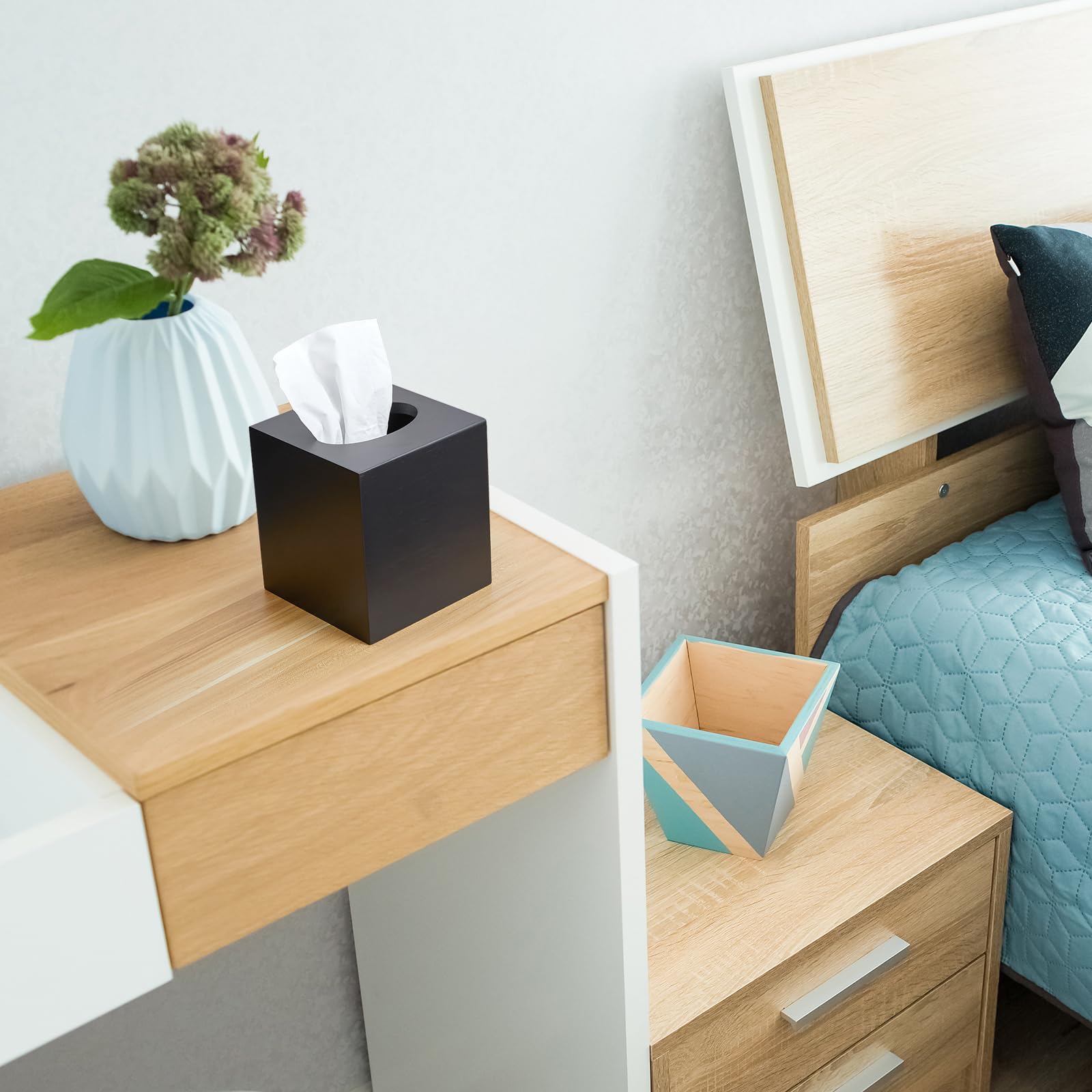 Alelion Black Tissue Box Cover Square - Thick Wooden Tissue Box Holder For Tabletop Night Stands Bathroom Office - Decorative Fa