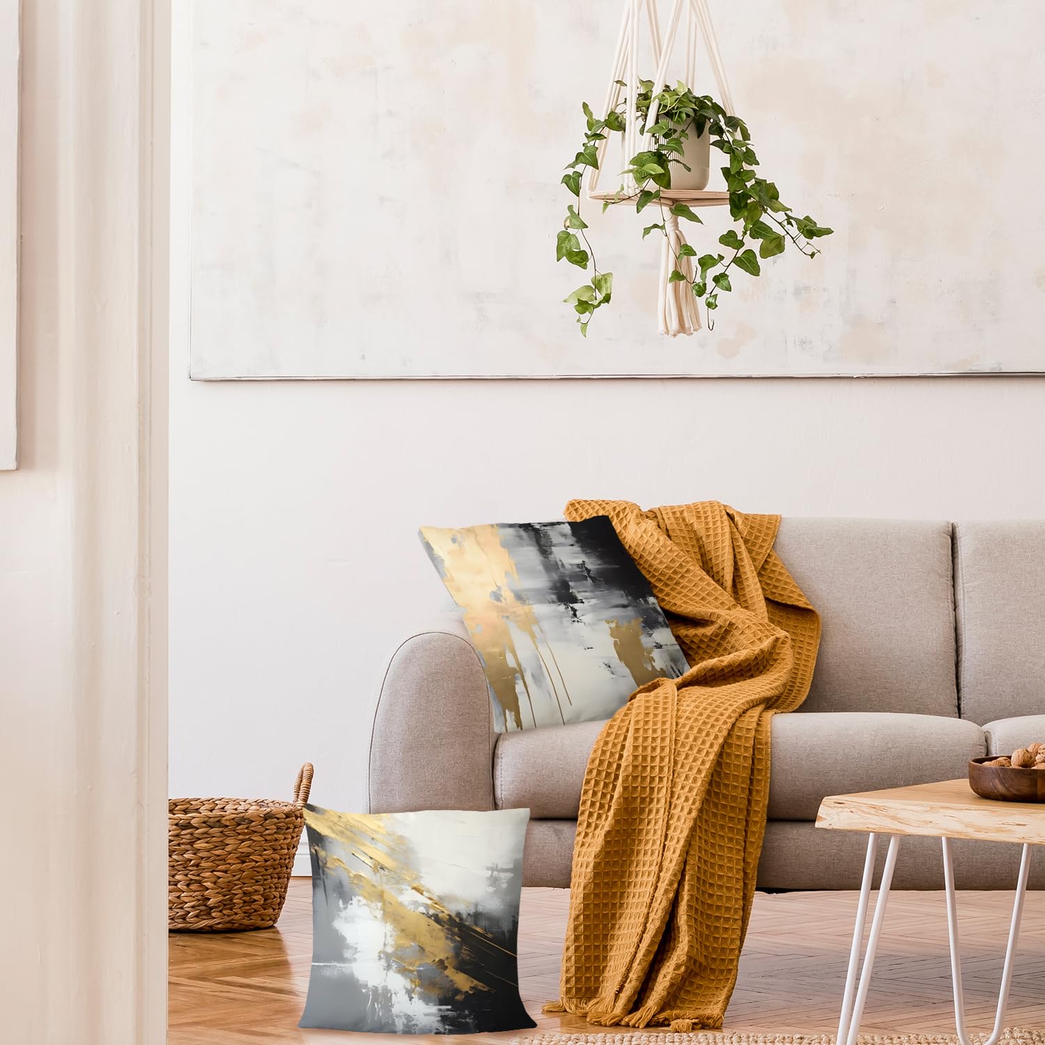Supwhd Black And Gold Pillow Covers, Abstract White Black And Gold Pillow Covers 16X16 Set Of 2, Modern Black And White Pillow C