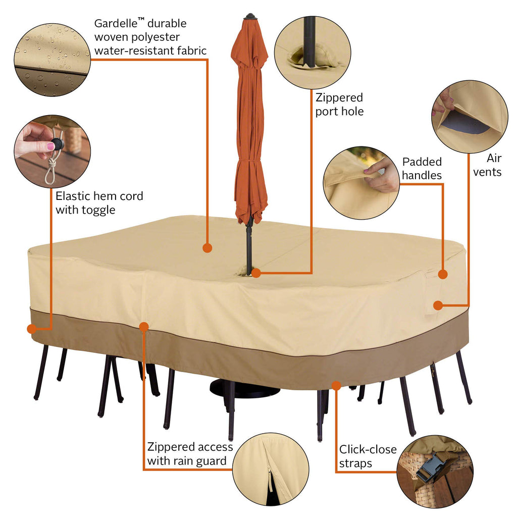 Classic Accessories Veranda Water-Resistant 88 Inch Rectangular/Oval Patio Table & Chair Set Cover With Umbrella Hole, Outdoor Table Cover
