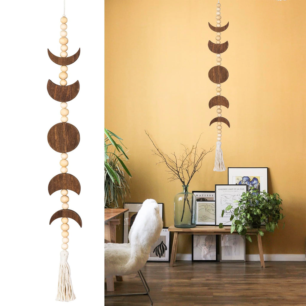 Ausicfen Moon Phase Wall Hanging Wood Beaded with Tassel,Phases of The Moon,Boho Home Decor for Living Room Bedroom Office(Brown