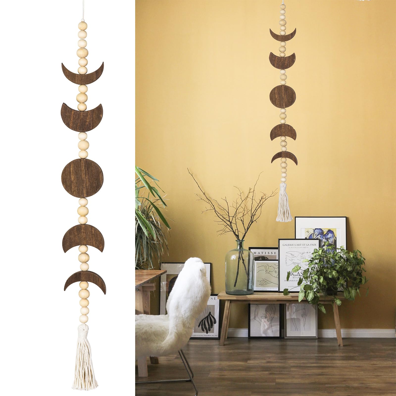 Ausicfen Moon Phase Wall Hanging Wood Beaded with Tassel,Phases of The Moon,Boho Home Decor for Living Room Bedroom Office(Brown