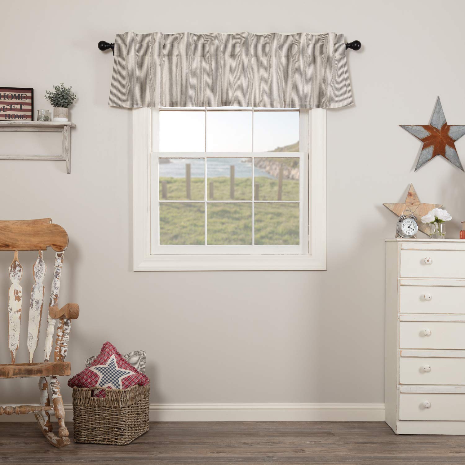 VHC Brands Hatteras Seersucker Ticking Striped Cotton Americana Kitchen Curtains Rod Pocket Hanging Loops 16x72 Valance, Denim B