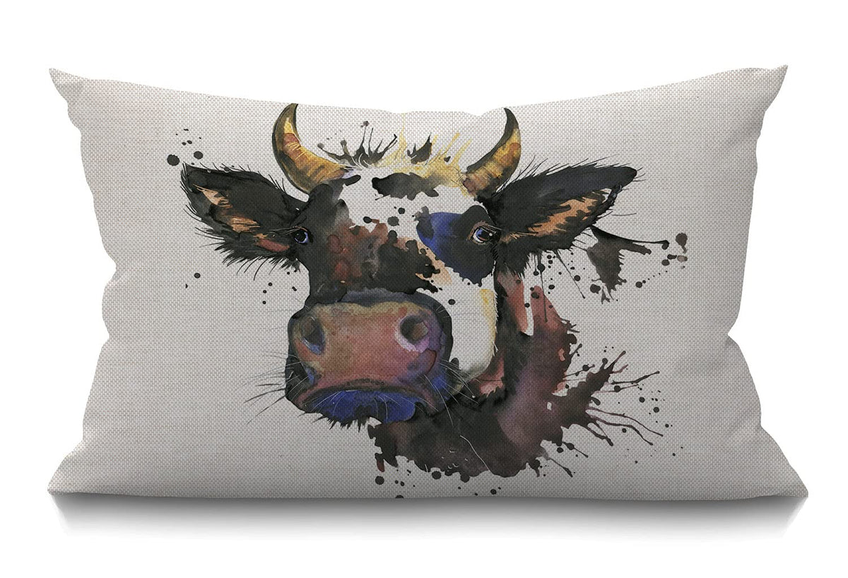 Cow Farmhouse Oblong Rectangle Throw Pillow Case Watercolor Graphics Cow With Splash Lumbar Pillow Cover Modern Farmhouse Cushio