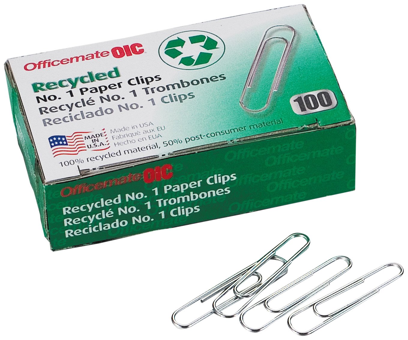 Officemate Recycled No. 1 Paper Clips, Pack Of 10 Boxes Of 100 Clips Each (99961)