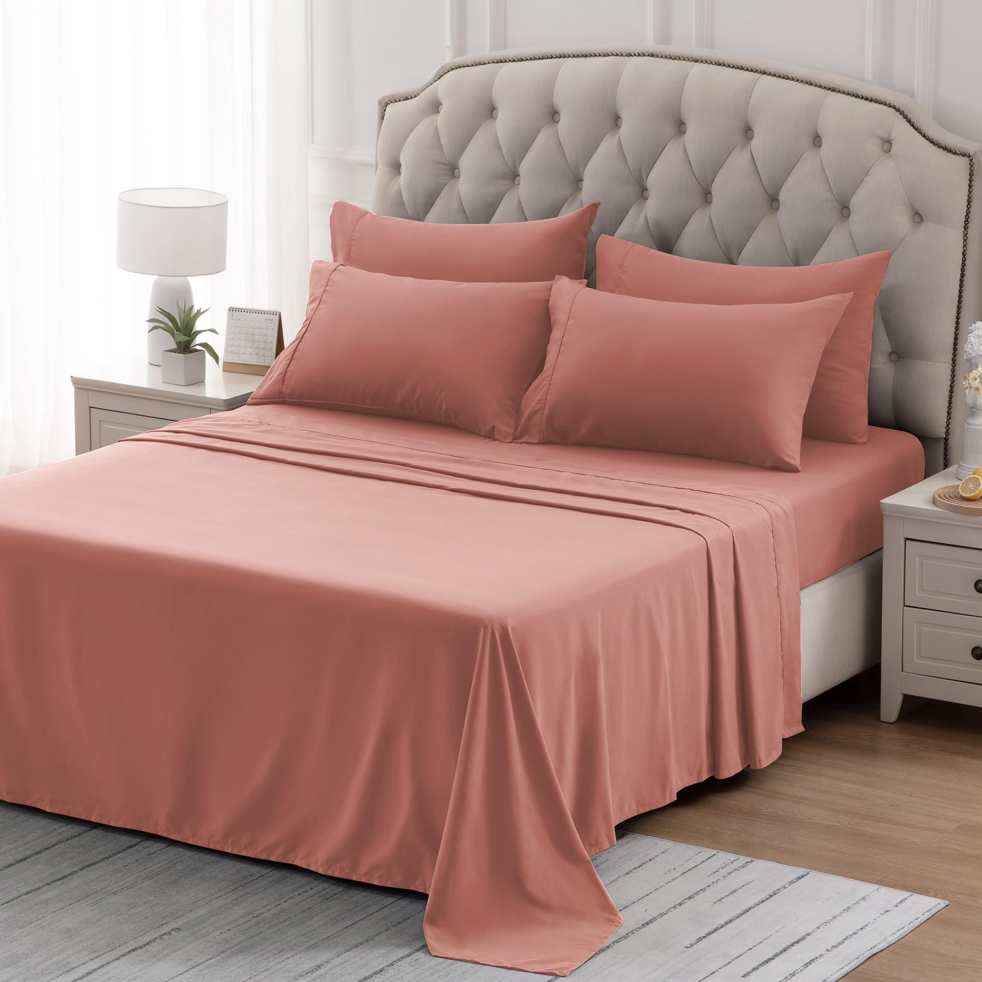 Sleep Zone Nanotex Super Soft Cooling King Bed Sheets Set 4 Piece - Easy Care Fitted Flat Sheet & Pillowcase Sets - Wrinkle Free, Fade Resistant, Deep Pocket 16' (Dull Pink, King)