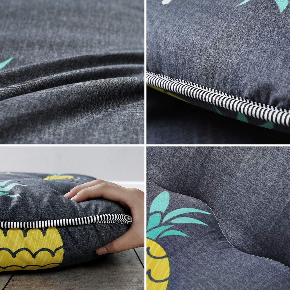 Maxyoyo Grey Pineapple Japanese Floor Futon Mattress, Tatami Floor Mat Portable Camping Mattress Kids Sleeping Pad Foldable Roll Up Floor Lounger Couch Bed Twin Size With Mattress Protector Cover