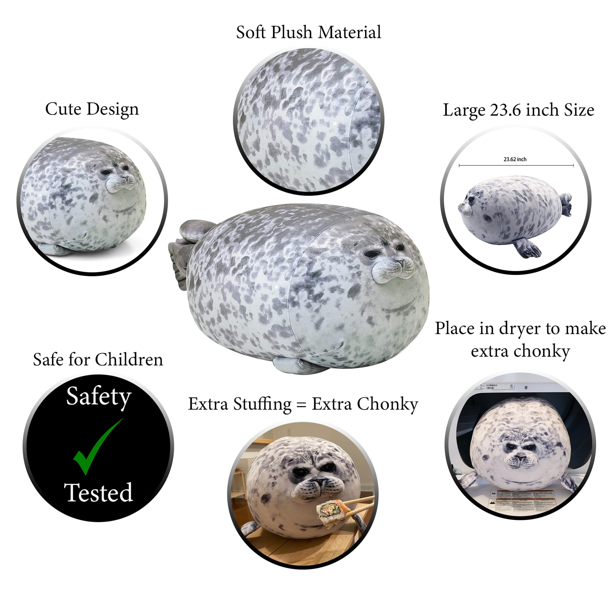 Pineapple Chubby Blob Seal Plush Pillow, Cute Stuffed Animal Seal Plushie Toy, Cotton Plushy Ocean Gray Large (23.6 Inch)