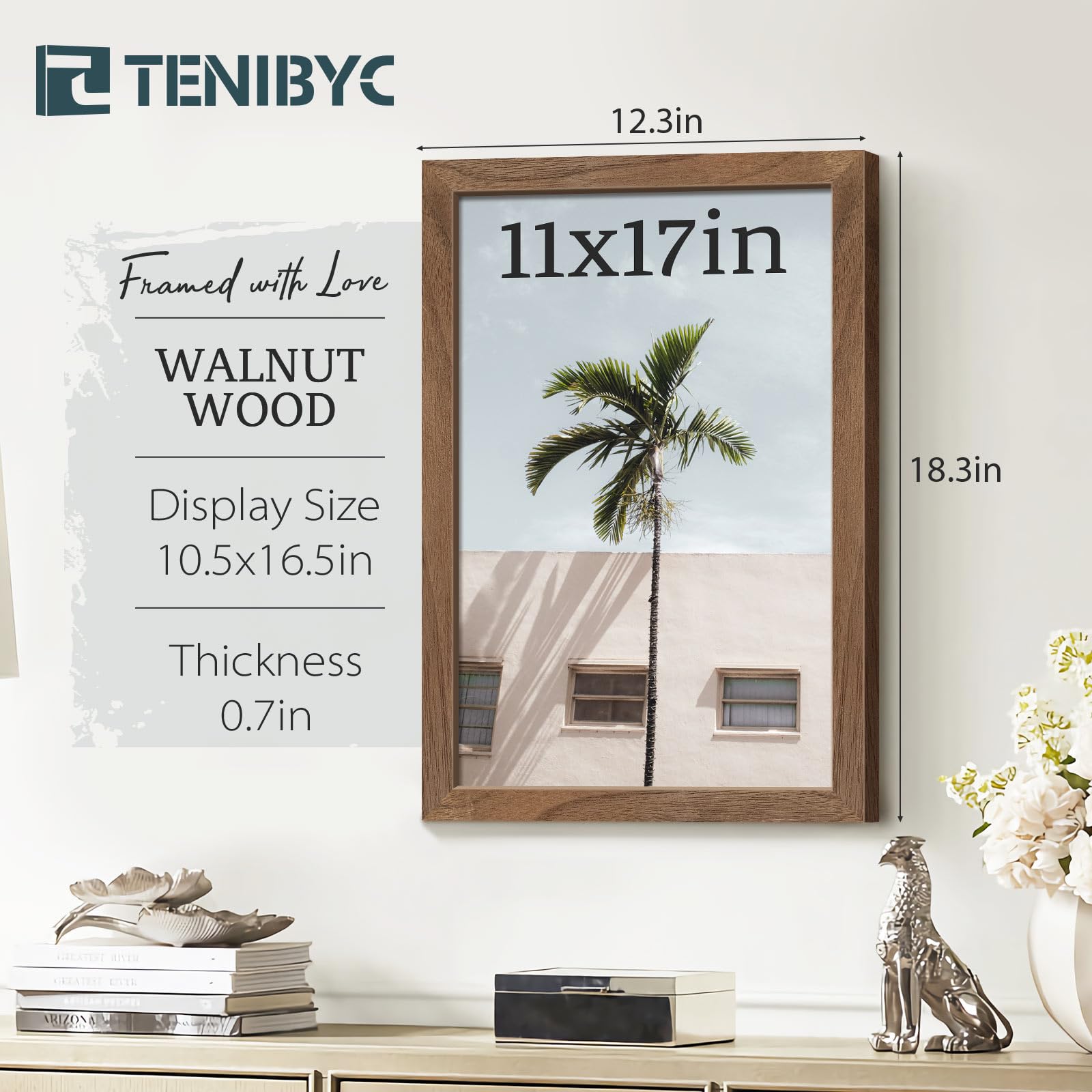 Tenibyc 11X17 Walnut Poster Frame 3 Pack With Hd Glass - Natural Brown, Solid Wood Picture Frame, Wall Gallery Frame